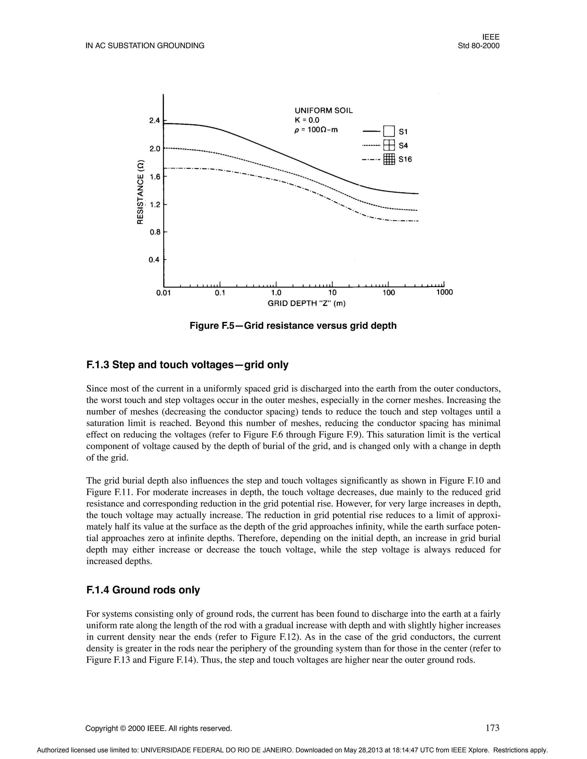 IEEE
IN AC SUBSTATION GROUNDING Std 80-2000
Copyright © 2000 IEEE. All rights reserved. 173
F.1.3 Step and touch voltages—grid only
Since most of the current in a uniformly spaced grid is discharged into the earth from the outer conductors,
the worst touch and step voltages occur in the outer meshes, especially in the corner meshes. Increasing the
number of meshes (decreasing the conductor spacing) tends to reduce the touch and step voltages until a
saturation limit is reached. Beyond this number of meshes, reducing the conductor spacing has minimal
effect on reducing the voltages (refer to Figure F.6 through Figure F.9). This saturation limit is the vertical
component of voltage caused by the depth of burial of the grid, and is changed only with a change in depth
of the grid.
The grid burial depth also influences the step and touch voltages significantly as shown in Figure F.10 and
Figure F.11. For moderate increases in depth, the touch voltage decreases, due mainly to the reduced grid
resistance and corresponding reduction in the grid potential rise. However, for very large increases in depth,
the touch voltage may actually increase. The reduction in grid potential rise reduces to a limit of approxi-
mately half its value at the surface as the depth of the grid approaches infinity, while the earth surface poten-
tial approaches zero at infinite depths. Therefore, depending on the initial depth, an increase in grid burial
depth may either increase or decrease the touch voltage, while the step voltage is always reduced for
increased depths.
F.1.4 Ground rods only
For systems consisting only of ground rods, the current has been found to discharge into the earth at a fairly
uniform rate along the length of the rod with a gradual increase with depth and with slightly higher increases
in current density near the ends (refer to Figure F.12). As in the case of the grid conductors, the current
density is greater in the rods near the periphery of the grounding system than for those in the center (refer to
Figure F.13 and Figure F.14). Thus, the step and touch voltages are higher near the outer ground rods.
Figure F.5—Grid resistance versus grid depth
Authorized licensed use limited to: UNIVERSIDADE FEDERAL DO RIO DE JANEIRO. Downloaded on May 28,2013 at 18:14:47 UTC from IEEE Xplore. Restrictions apply.
 
