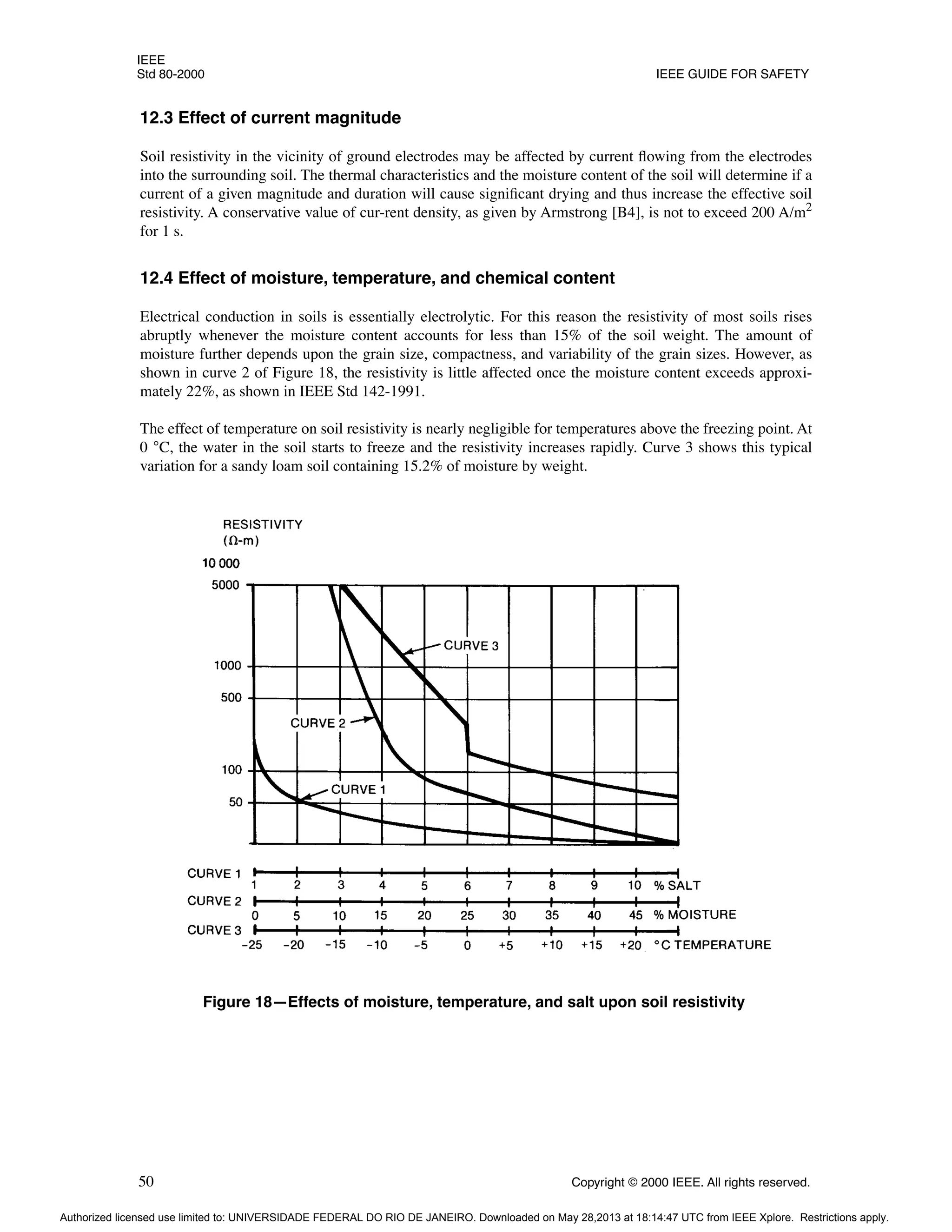 IEEE
Std 80-2000 IEEE GUIDE FOR SAFETY
50 Copyright © 2000 IEEE. All rights reserved.
12.3 Effect of current magnitude
Soil resistivity in the vicinity of ground electrodes may be affected by current flowing from the electrodes
into the surrounding soil. The thermal characteristics and the moisture content of the soil will determine if a
current of a given magnitude and duration will cause significant drying and thus increase the effective soil
resistivity. A conservative value of cur-rent density, as given by Armstrong [B4], is not to exceed 200 A/m2
for 1 s.
12.4 Effect of moisture, temperature, and chemical content
Electrical conduction in soils is essentially electrolytic. For this reason the resistivity of most soils rises
abruptly whenever the moisture content accounts for less than 15% of the soil weight. The amount of
moisture further depends upon the grain size, compactness, and variability of the grain sizes. However, as
shown in curve 2 of Figure 18, the resistivity is little affected once the moisture content exceeds approxi-
mately 22%, as shown in IEEE Std 142-1991.
The effect of temperature on soil resistivity is nearly negligible for temperatures above the freezing point. At
0 °C, the water in the soil starts to freeze and the resistivity increases rapidly. Curve 3 shows this typical
variation for a sandy loam soil containing 15.2% of moisture by weight.
Figure 18—Effects of moisture, temperature, and salt upon soil resistivity
Authorized licensed use limited to: UNIVERSIDADE FEDERAL DO RIO DE JANEIRO. Downloaded on May 28,2013 at 18:14:47 UTC from IEEE Xplore. Restrictions apply.
 