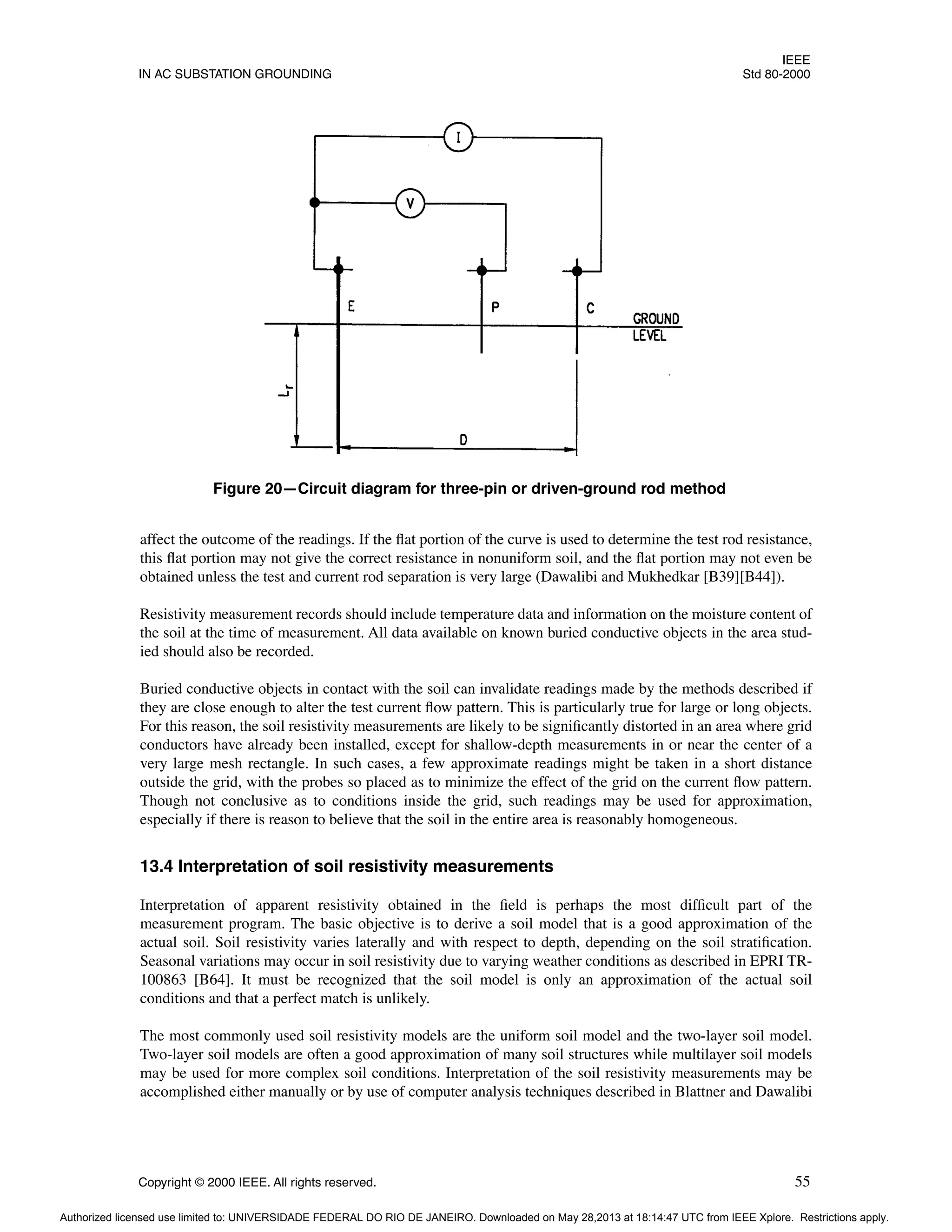 IEEE
IN AC SUBSTATION GROUNDING Std 80-2000
Copyright © 2000 IEEE. All rights reserved. 55
affect the outcome of the readings. If the flat portion of the curve is used to determine the test rod resistance,
this flat portion may not give the correct resistance in nonuniform soil, and the flat portion may not even be
obtained unless the test and current rod separation is very large (Dawalibi and Mukhedkar [B39][B44]).
Resistivity measurement records should include temperature data and information on the moisture content of
the soil at the time of measurement. All data available on known buried conductive objects in the area stud-
ied should also be recorded.
Buried conductive objects in contact with the soil can invalidate readings made by the methods described if
they are close enough to alter the test current flow pattern. This is particularly true for large or long objects.
For this reason, the soil resistivity measurements are likely to be significantly distorted in an area where grid
conductors have already been installed, except for shallow-depth measurements in or near the center of a
very large mesh rectangle. In such cases, a few approximate readings might be taken in a short distance
outside the grid, with the probes so placed as to minimize the effect of the grid on the current flow pattern.
Though not conclusive as to conditions inside the grid, such readings may be used for approximation,
especially if there is reason to believe that the soil in the entire area is reasonably homogeneous.
13.4 Interpretation of soil resistivity measurements
Interpretation of apparent resistivity obtained in the field is perhaps the most difficult part of the
measurement program. The basic objective is to derive a soil model that is a good approximation of the
actual soil. Soil resistivity varies laterally and with respect to depth, depending on the soil stratification.
Seasonal variations may occur in soil resistivity due to varying weather conditions as described in EPRI TR-
100863 [B64]. It must be recognized that the soil model is only an approximation of the actual soil
conditions and that a perfect match is unlikely.
The most commonly used soil resistivity models are the uniform soil model and the two-layer soil model.
Two-layer soil models are often a good approximation of many soil structures while multilayer soil models
may be used for more complex soil conditions. Interpretation of the soil resistivity measurements may be
accomplished either manually or by use of computer analysis techniques described in Blattner and Dawalibi
Figure 20—Circuit diagram for three-pin or driven-ground rod method
Authorized licensed use limited to: UNIVERSIDADE FEDERAL DO RIO DE JANEIRO. Downloaded on May 28,2013 at 18:14:47 UTC from IEEE Xplore. Restrictions apply.
 