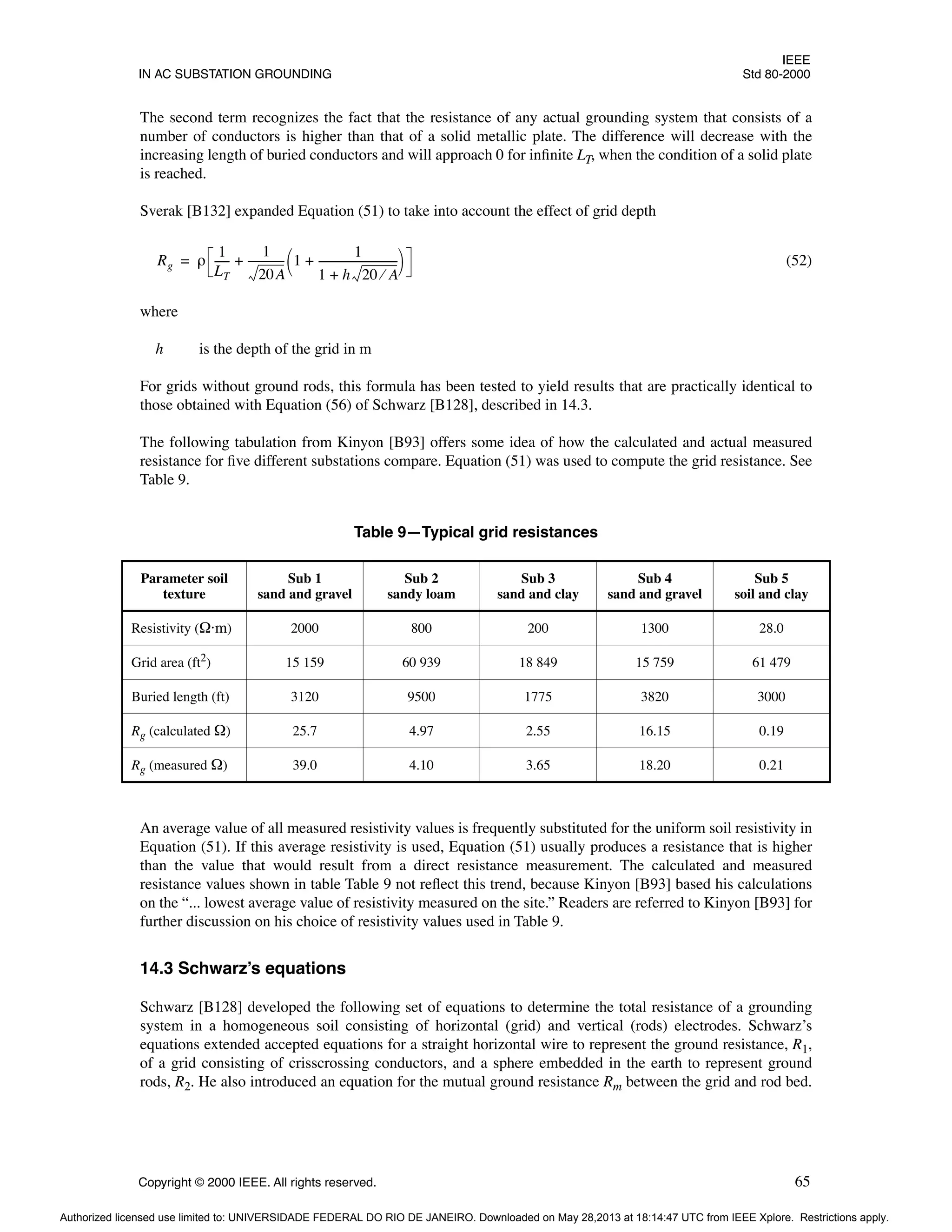 IEEE
IN AC SUBSTATION GROUNDING Std 80-2000
Copyright © 2000 IEEE. All rights reserved. 65
The second term recognizes the fact that the resistance of any actual grounding system that consists of a
number of conductors is higher than that of a solid metallic plate. The difference will decrease with the
increasing length of buried conductors and will approach 0 for infinite LT, when the condition of a solid plate
is reached.
Sverak [B132] expanded Equation (51) to take into account the effect of grid depth
(52)
where
h is the depth of the grid in m
For grids without ground rods, this formula has been tested to yield results that are practically identical to
those obtained with Equation (56) of Schwarz [B128], described in 14.3.
The following tabulation from Kinyon [B93] offers some idea of how the calculated and actual measured
resistance for five different substations compare. Equation (51) was used to compute the grid resistance. See
Table 9.
An average value of all measured resistivity values is frequently substituted for the uniform soil resistivity in
Equation (51). If this average resistivity is used, Equation (51) usually produces a resistance that is higher
than the value that would result from a direct resistance measurement. The calculated and measured
resistance values shown in table Table 9 not reflect this trend, because Kinyon [B93] based his calculations
on the “... lowest average value of resistivity measured on the site.” Readers are referred to Kinyon [B93] for
further discussion on his choice of resistivity values used in Table 9.
14.3 Schwarz’s equations
Schwarz [B128] developed the following set of equations to determine the total resistance of a grounding
system in a homogeneous soil consisting of horizontal (grid) and vertical (rods) electrodes. Schwarz’s
equations extended accepted equations for a straight horizontal wire to represent the ground resistance, R1,
of a grid consisting of crisscrossing conductors, and a sphere embedded in the earth to represent ground
rods, R2. He also introduced an equation for the mutual ground resistance Rm between the grid and rod bed.
Table 9—Typical grid resistances
Parameter soil
texture
Sub 1
sand and gravel
Sub 2
sandy loam
Sub 3
sand and clay
Sub 4
sand and gravel
Sub 5
soil and clay
Resistivity (Ω·m) 2000 800 200 1300 28.0
Grid area (ft2) 15 159 60 939 18 849 15 759 61 479
Buried length (ft) 3120 9500 1775 3820 3000
Rg (calculated Ω) 25.7 4.97 2.55 16.15 0.19
Rg (measured Ω) 39.0 4.10 3.65 18.20 0.21
Rg ρ
1
LT
-----
-
1
20A
-------------
- 1
1
1 h 20 A
⁄
+
------------------------------
+
 
 
+
=
Authorized licensed use limited to: UNIVERSIDADE FEDERAL DO RIO DE JANEIRO. Downloaded on May 28,2013 at 18:14:47 UTC from IEEE Xplore. Restrictions apply.
 