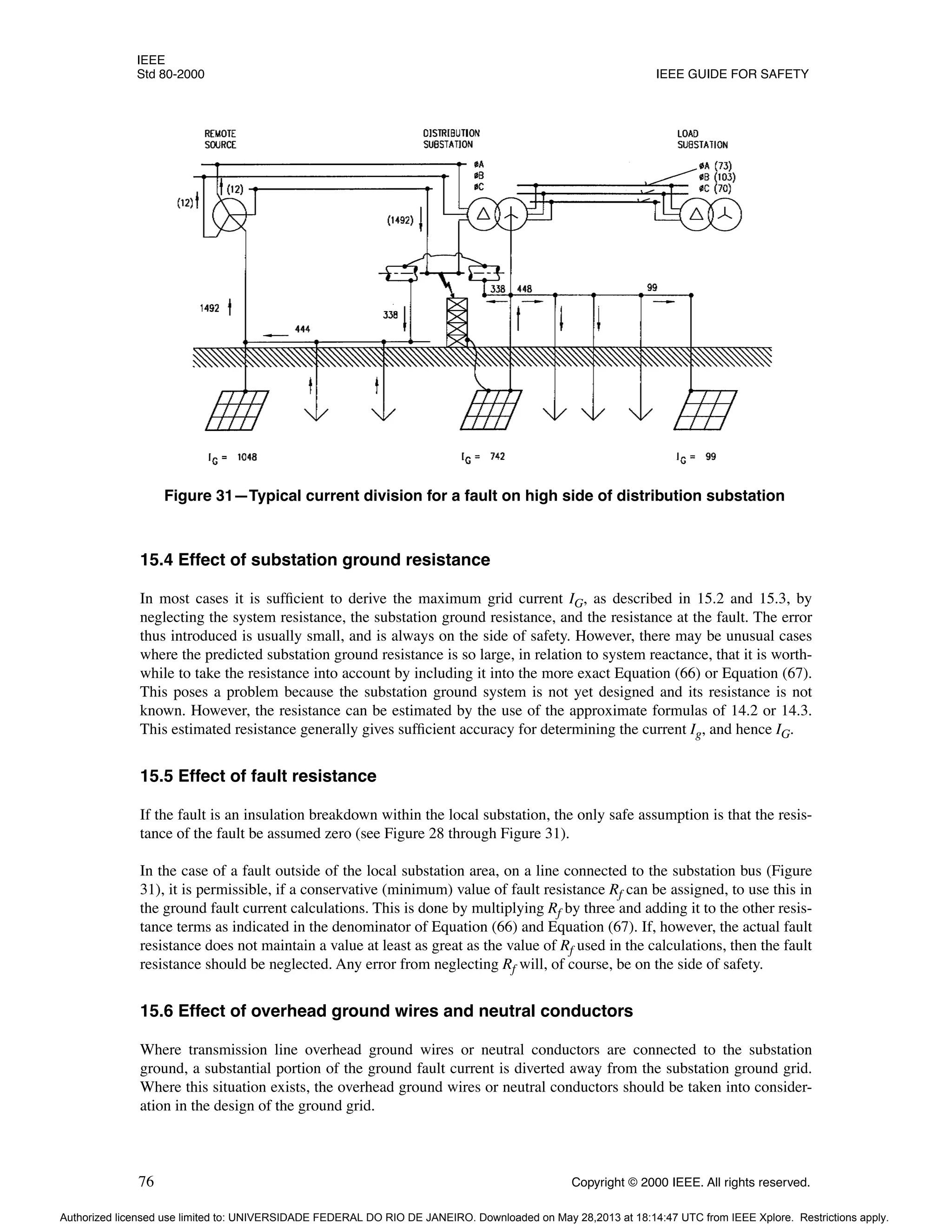 IEEE
Std 80-2000 IEEE GUIDE FOR SAFETY
76 Copyright © 2000 IEEE. All rights reserved.
15.4 Effect of substation ground resistance
In most cases it is sufficient to derive the maximum grid current IG, as described in 15.2 and 15.3, by
neglecting the system resistance, the substation ground resistance, and the resistance at the fault. The error
thus introduced is usually small, and is always on the side of safety. However, there may be unusual cases
where the predicted substation ground resistance is so large, in relation to system reactance, that it is worth-
while to take the resistance into account by including it into the more exact Equation (66) or Equation (67).
This poses a problem because the substation ground system is not yet designed and its resistance is not
known. However, the resistance can be estimated by the use of the approximate formulas of 14.2 or 14.3.
This estimated resistance generally gives sufficient accuracy for determining the current Ig, and hence IG.
15.5 Effect of fault resistance
If the fault is an insulation breakdown within the local substation, the only safe assumption is that the resis-
tance of the fault be assumed zero (see Figure 28 through Figure 31).
In the case of a fault outside of the local substation area, on a line connected to the substation bus (Figure
31), it is permissible, if a conservative (minimum) value of fault resistance Rf can be assigned, to use this in
the ground fault current calculations. This is done by multiplying Rf by three and adding it to the other resis-
tance terms as indicated in the denominator of Equation (66) and Equation (67). If, however, the actual fault
resistance does not maintain a value at least as great as the value of Rf used in the calculations, then the fault
resistance should be neglected. Any error from neglecting Rf will, of course, be on the side of safety.
15.6 Effect of overhead ground wires and neutral conductors
Where transmission line overhead ground wires or neutral conductors are connected to the substation
ground, a substantial portion of the ground fault current is diverted away from the substation ground grid.
Where this situation exists, the overhead ground wires or neutral conductors should be taken into consider-
ation in the design of the ground grid.
Figure 31—Typical current division for a fault on high side of distribution substation
Authorized licensed use limited to: UNIVERSIDADE FEDERAL DO RIO DE JANEIRO. Downloaded on May 28,2013 at 18:14:47 UTC from IEEE Xplore. Restrictions apply.
 
