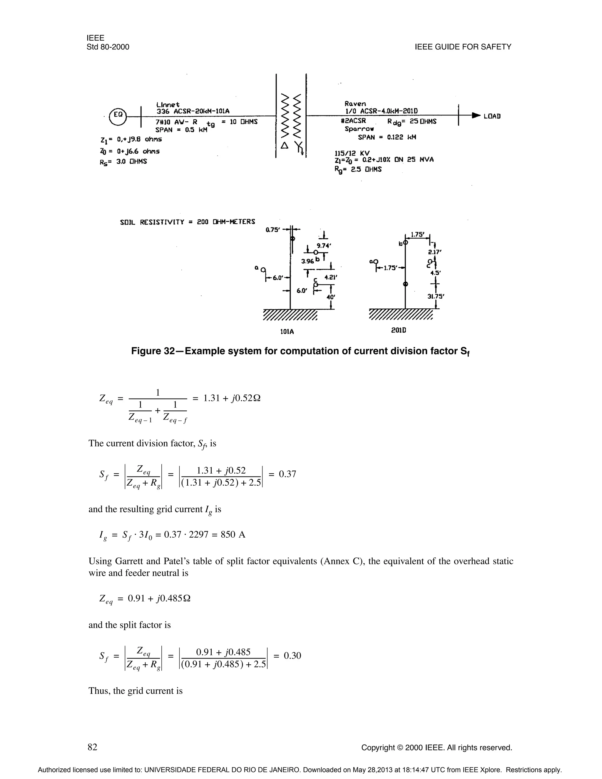 IEEE
Std 80-2000 IEEE GUIDE FOR SAFETY
82 Copyright © 2000 IEEE. All rights reserved.
The current division factor, Sf, is
and the resulting grid current Ig is
Using Garrett and Patel’s table of split factor equivalents (Annex C), the equivalent of the overhead static
wire and feeder neutral is
and the split factor is
Thus, the grid current is
Figure 32—Example system for computation of current division factor Sf
Zeq
1
1
Zeq 1
–
-------------
-
1
Zeq f
–
--------------
+
-----------------------------------
- 1.31 j0.52Ω
+
= =
Sf
Zeq
Zeq Rg
+
-------------------
-
1.31 j0.52
+
1.31 j0.52
+
( ) 2.5
+
------------------------------------------------ 0.37
= = =
Ig Sf 3I0 0.37 2297 850 A
=
⋅
=
⋅
=
Zeq 0.91 j0.485Ω
+
=
Sf
Zeq
Zeq Rg
+
-------------------
-
0.91 j0.485
+
0.91 j0.485
+
( ) 2.5
+
--------------------------------------------------- 0.30
= = =
Authorized licensed use limited to: UNIVERSIDADE FEDERAL DO RIO DE JANEIRO. Downloaded on May 28,2013 at 18:14:47 UTC from IEEE Xplore. Restrictions apply.
 