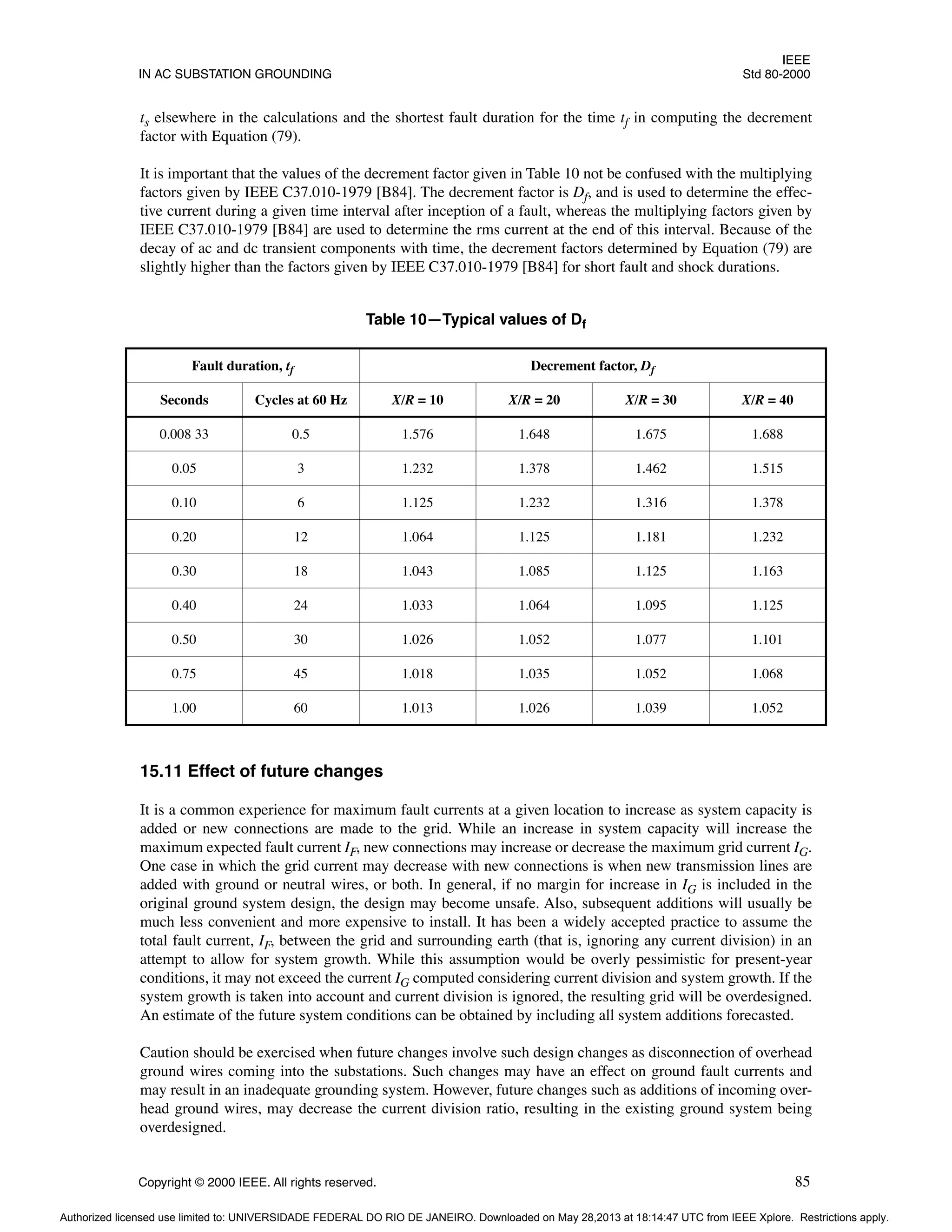 IEEE
IN AC SUBSTATION GROUNDING Std 80-2000
Copyright © 2000 IEEE. All rights reserved. 85
ts elsewhere in the calculations and the shortest fault duration for the time tf in computing the decrement
factor with Equation (79).
It is important that the values of the decrement factor given in Table 10 not be confused with the multiplying
factors given by IEEE C37.010-1979 [B84]. The decrement factor is Df, and is used to determine the effec-
tive current during a given time interval after inception of a fault, whereas the multiplying factors given by
IEEE C37.010-1979 [B84] are used to determine the rms current at the end of this interval. Because of the
decay of ac and dc transient components with time, the decrement factors determined by Equation (79) are
slightly higher than the factors given by IEEE C37.010-1979 [B84] for short fault and shock durations.
15.11 Effect of future changes
It is a common experience for maximum fault currents at a given location to increase as system capacity is
added or new connections are made to the grid. While an increase in system capacity will increase the
maximum expected fault current IF, new connections may increase or decrease the maximum grid current IG.
One case in which the grid current may decrease with new connections is when new transmission lines are
added with ground or neutral wires, or both. In general, if no margin for increase in IG is included in the
original ground system design, the design may become unsafe. Also, subsequent additions will usually be
much less convenient and more expensive to install. It has been a widely accepted practice to assume the
total fault current, IF, between the grid and surrounding earth (that is, ignoring any current division) in an
attempt to allow for system growth. While this assumption would be overly pessimistic for present-year
conditions, it may not exceed the current IG computed considering current division and system growth. If the
system growth is taken into account and current division is ignored, the resulting grid will be overdesigned.
An estimate of the future system conditions can be obtained by including all system additions forecasted.
Caution should be exercised when future changes involve such design changes as disconnection of overhead
ground wires coming into the substations. Such changes may have an effect on ground fault currents and
may result in an inadequate grounding system. However, future changes such as additions of incoming over-
head ground wires, may decrease the current division ratio, resulting in the existing ground system being
overdesigned.
Table 10—Typical values of Df
Fault duration, tf Decrement factor, Df
Seconds Cycles at 60 Hz X/R = 10 X/R = 20 X/R = 30 X/R = 40
0.008 33 0.5 1.576 1.648 1.675 1.688
0.05 3 1.232 1.378 1.462 1.515
0.10 6 1.125 1.232 1.316 1.378
0.20 12 1.064 1.125 1.181 1.232
0.30 18 1.043 1.085 1.125 1.163
0.40 24 1.033 1.064 1.095 1.125
0.50 30 1.026 1.052 1.077 1.101
0.75 45 1.018 1.035 1.052 1.068
1.00 60 1.013 1.026 1.039 1.052
Authorized licensed use limited to: UNIVERSIDADE FEDERAL DO RIO DE JANEIRO. Downloaded on May 28,2013 at 18:14:47 UTC from IEEE Xplore. Restrictions apply.
 