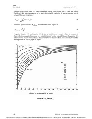 IEEE
Std 80-2000 IEEE GUIDE FOR SAFETY
22 Copyright © 2000 IEEE. All rights reserved.
Consider another similar plate, D2, placed parallel and coaxial to the circular plate, D1, and at a distance
(2nh) from it. The potential produced on D2 can be determined by evaluating the average potential over the
surface of the plate. It is given by
(25)
The mutual ground resistance, Rm(2nhs), between the two plates is given by
(26)
Comparing Equation (14) and Equation (19), Cs can be considered as a corrective factor to compute the
effective foot resistance in the presence of a finite thickness of surface material. Because the quantity Cs is
rather tedious to evaluate without the use of a computer, these values have been precalculated for b = 0.08 m
and are given in the form of graphs in Figure 11.
VD2
1
πb
2
-------- 2πx Vr z
,
⋅
( ) x
d
0
b
∫
=
Rm 2nhs
( )
VD2
I
---------
=
Figure 11—Cs versus hs
Authorized licensed use limited to: UNIVERSIDADE FEDERAL DO RIO DE JANEIRO. Downloaded on May 28,2013 at 18:14:47 UTC from IEEE Xplore. Restrictions apply.
 