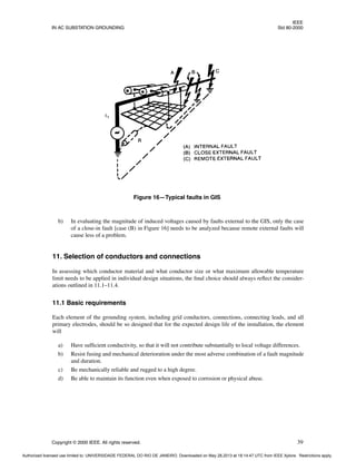 IEEE
IN AC SUBSTATION GROUNDING Std 80-2000
Copyright © 2000 IEEE. All rights reserved. 39
b) In evaluating the magnitude of induced voltages caused by faults external to the GIS, only the case
of a close-in fault [case (B) in Figure 16] needs to be analyzed because remote external faults will
cause less of a problem.
11. Selection of conductors and connections
In assessing which conductor material and what conductor size or what maximum allowable temperature
limit needs to be applied in individual design situations, the final choice should always reflect the consider-
ations outlined in 11.1–11.4.
11.1 Basic requirements
Each element of the grounding system, including grid conductors, connections, connecting leads, and all
primary electrodes, should be so designed that for the expected design life of the installation, the element
will
a) Have sufficient conductivity, so that it will not contribute substantially to local voltage differences.
b) Resist fusing and mechanical deterioration under the most adverse combination of a fault magnitude
and duration.
c) Be mechanically reliable and rugged to a high degree.
d) Be able to maintain its function even when exposed to corrosion or physical abuse.
Figure 16—Typical faults in GIS
Authorized licensed use limited to: UNIVERSIDADE FEDERAL DO RIO DE JANEIRO. Downloaded on May 28,2013 at 18:14:47 UTC from IEEE Xplore. Restrictions apply.
 