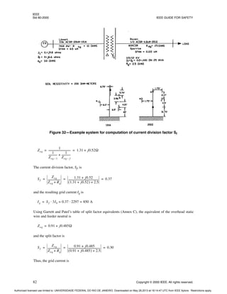 IEEE
Std 80-2000 IEEE GUIDE FOR SAFETY
82 Copyright © 2000 IEEE. All rights reserved.
The current division factor, Sf, is
and the resulting grid current Ig is
Using Garrett and Patel’s table of split factor equivalents (Annex C), the equivalent of the overhead static
wire and feeder neutral is
and the split factor is
Thus, the grid current is
Figure 32—Example system for computation of current division factor Sf
Zeq
1
1
Zeq 1
–
-------------
-
1
Zeq f
–
--------------
+
-----------------------------------
- 1.31 j0.52Ω
+
= =
Sf
Zeq
Zeq Rg
+
-------------------
-
1.31 j0.52
+
1.31 j0.52
+
( ) 2.5
+
------------------------------------------------ 0.37
= = =
Ig Sf 3I0 0.37 2297 850 A
=
⋅
=
⋅
=
Zeq 0.91 j0.485Ω
+
=
Sf
Zeq
Zeq Rg
+
-------------------
-
0.91 j0.485
+
0.91 j0.485
+
( ) 2.5
+
--------------------------------------------------- 0.30
= = =
Authorized licensed use limited to: UNIVERSIDADE FEDERAL DO RIO DE JANEIRO. Downloaded on May 28,2013 at 18:14:47 UTC from IEEE Xplore. Restrictions apply.
 