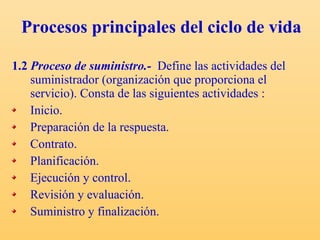 Procesos principales del ciclo de vida 1.2  Proceso de suministro.-   Define las actividades del suministrador (organización que proporciona el servicio). C onsta de las siguientes actividades : Inicio. Preparación de la respuesta. Contrato. Planificación. Ejecución y control. Revisión y evaluación. Suministro y finalización. 