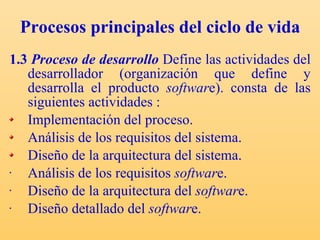 Procesos principales del ciclo de vida 1.3  Proceso de desarrollo   Define las actividades del desarrollador (organización que define y desarrolla el producto  softwar e).  consta de las siguientes actividades : Implementación del proceso. Análisis de los requisitos del sistema. Diseño de la arquitectura del sistema. Análisis de los requisitos  softwar e. Diseño de la arquitectura del  softwar e. Diseño detallado del  softwar e. 