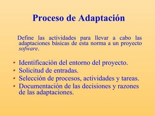 Proceso de Adaptación Define las actividades para llevar a cabo las adaptaciones básicas de esta norma a un proyecto  sofware .  Identificación del entorno del proyecto. Solicitud de entradas. Selección de procesos, actividades y tareas. Documentación de las decisiones y razones de las adaptaciones. 