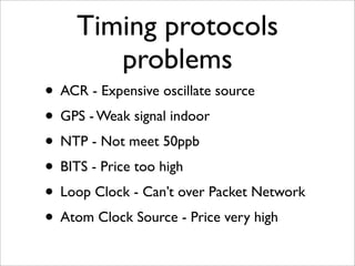 Timing protocols
       problems
• ACR - Expensive oscillate source
• GPS - Weak signal indoor
• NTP - Not meet 50ppb
• BITS - Price too high
• Loop Clock - Can’t over Packet Network
• Atom Clock Source - Price very high
 