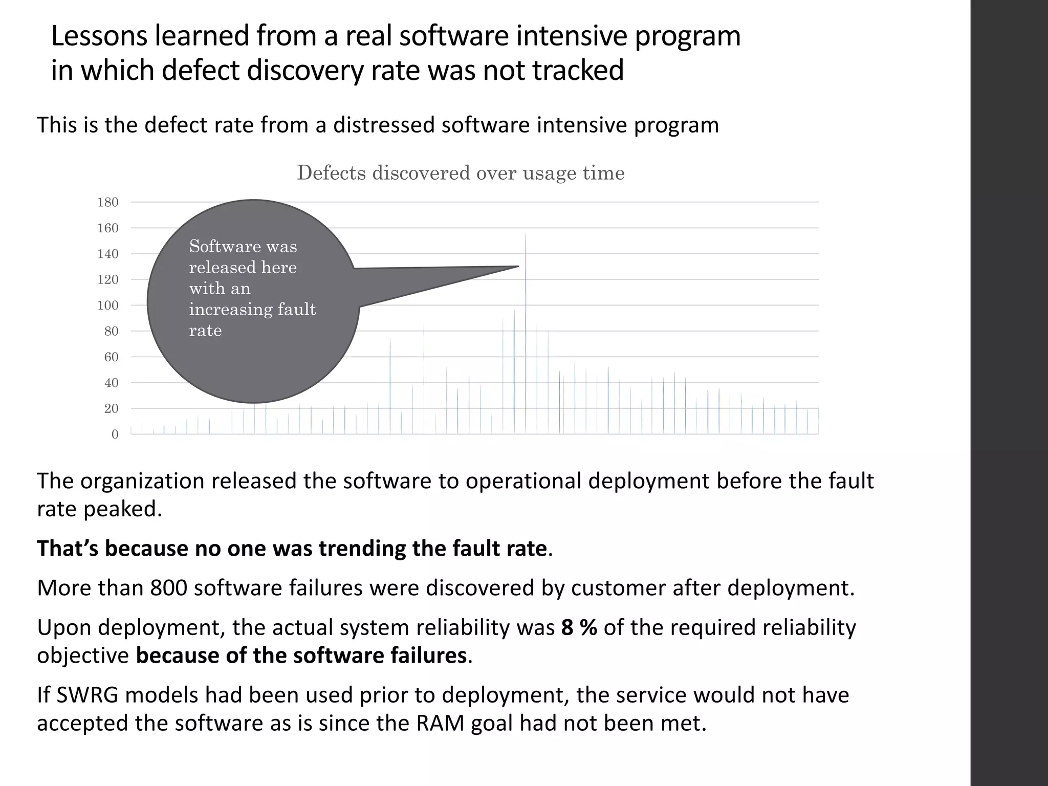 Lessons learned from a real software intensive program
in which defect discovery rate was not tracked
This is the defect rate from a distressed software intensive program
The organization released the software to operational deployment before the fault
rate peaked.
That’s because no one was trending the fault rate.
More than 800 software failures were discovered by customer after deployment.
Upon deployment, the actual system reliability was 8 % of the required reliability
objective because of the software failures.
If SWRG models had been used prior to deployment, the service would not have
accepted the software as is since the RAM goal had not been met.
0
20
40
60
80
100
120
140
160
180
Defects discovered over usage time
Software was
released here
with an
increasing fault
rate
 