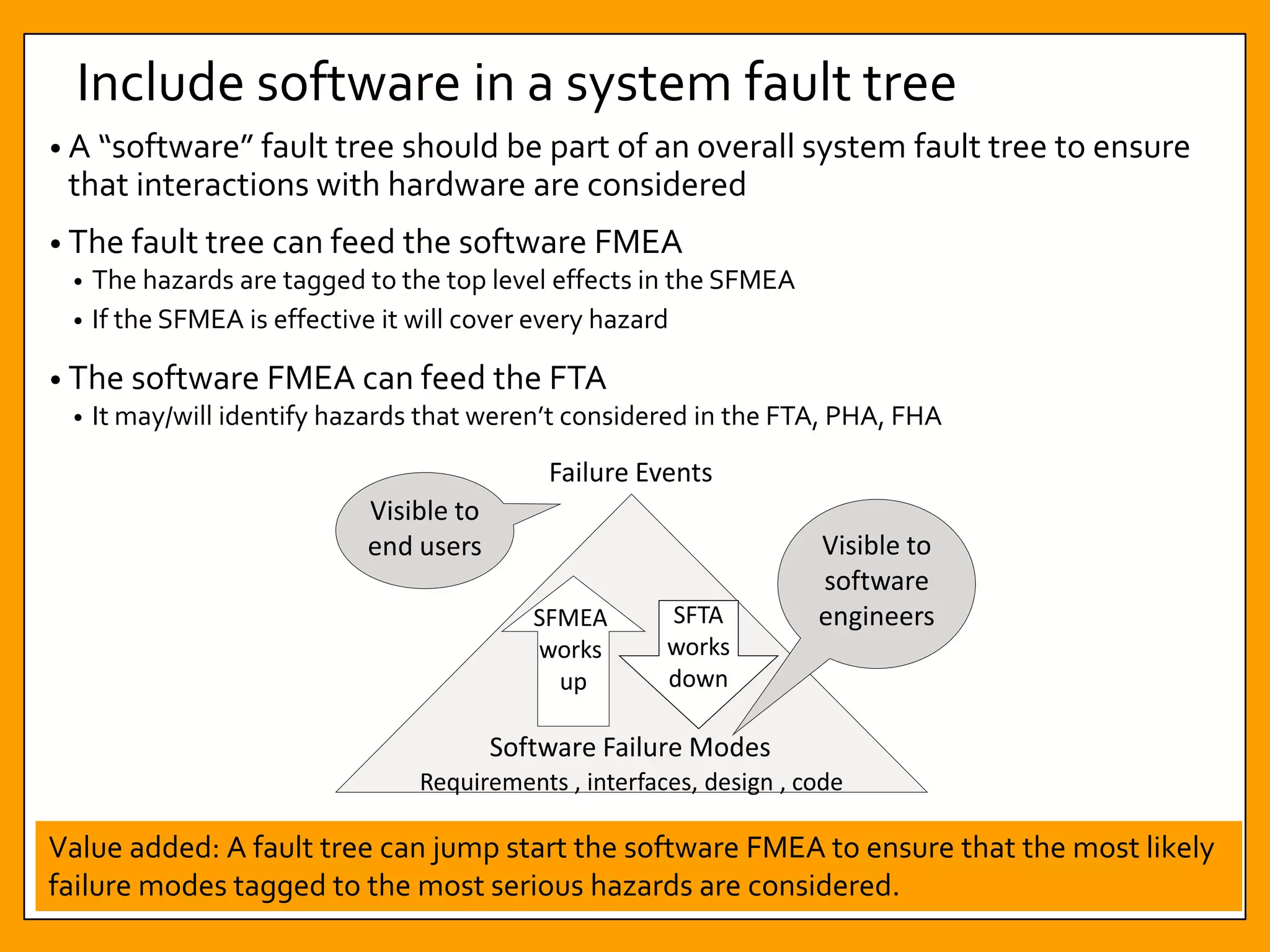 Include software in a system fault tree
• A “software” fault tree should be part of an overall system fault tree to ensure
that interactions with hardware are considered
• The fault tree can feed the software FMEA
• The hazards are tagged to the top level effects in the SFMEA
• If the SFMEA is effective it will cover every hazard
• The software FMEA can feed the FTA
• It may/will identify hazards that weren’t considered in the FTA, PHA, FHA
28
Value added: A fault tree can jump start the software FMEA to ensure that the most likely
failure modes tagged to the most serious hazards are considered.
 
