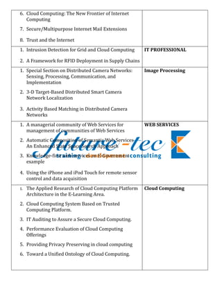 6. Cloud Computing: The New Frontier of Internet
   Computing
7. Secure/Multipurpose Internet Mail Extensions

8. Trust and the Internet
1. Intrusion Detection for Grid and Cloud Computing     IT PROFESSIONAL

2. A Framework for RFID Deployment in Supply Chains
1. Special Section on Distributed Camera Networks:      Image Processing
   Sensing, Processing, Communication, and
   Implementation
2. 3-D Target-Based Distributed Smart Camera
   Network Localization

3. Activity Based Matching in Distributed Camera
   Networks
1. A managerial community of Web Services for           WEB SERVICES
   management of communities of Web Services
2. Automatic Composition of Semantic Web Services
   An Enhanced State Space Search Approach
3. Knowledge-first web services an E-Government
   example

4. Using the iPhone and iPod Touch for remote sensor
   control and data acquisition
1.   The Applied Research of Cloud Computing Platform   Cloud Computing
     Architecture in the E-Learning Area.
2. Cloud Computing System Based on Trusted
   Computing Platform.
3. IT Auditing to Assure a Secure Cloud Computing.
4. Performance Evaluation of Cloud Computing
   Offerings
5. Providing Privacy Preserving in cloud computing
6. Toward a Unified Ontology of Cloud Computing.
 