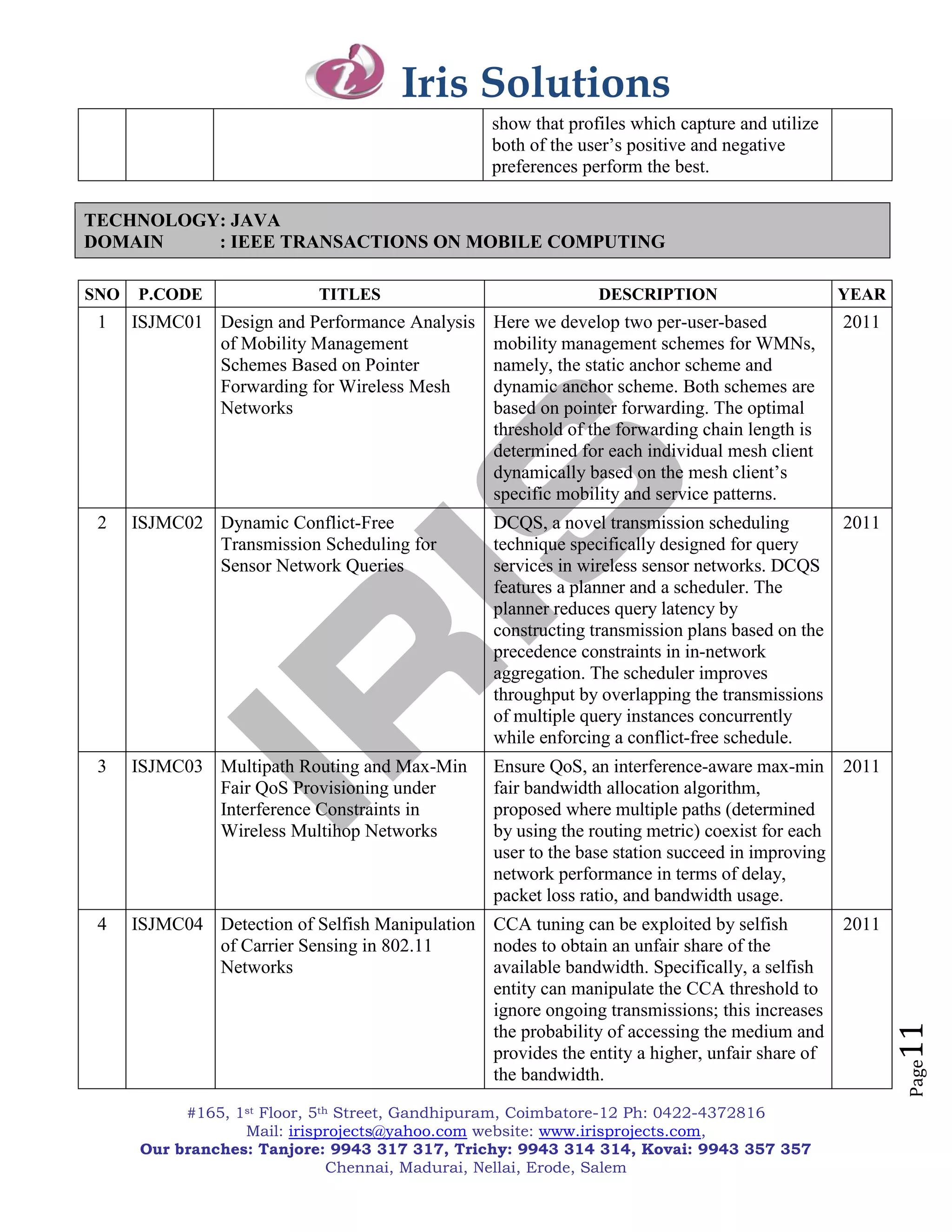 Iris Solutions
                                                   show that profiles which capture and utilize
                                                   both of the user‘s positive and negative
                                                   preferences perform the best.

TECHNOLOGY: JAVA
DOMAIN    : IEEE TRANSACTIONS ON MOBILE COMPUTING

SNO   P.CODE                 TITLES                              DESCRIPTION                      YEAR
 1    ISJMC01 Design and Performance Analysis      Here we develop two per-user-based             2011
              of Mobility Management               mobility management schemes for WMNs,
              Schemes Based on Pointer             namely, the static anchor scheme and
              Forwarding for Wireless Mesh         dynamic anchor scheme. Both schemes are
              Networks                             based on pointer forwarding. The optimal
                                                   threshold of the forwarding chain length is
                                                   determined for each individual mesh client
                                                   dynamically based on the mesh client‘s
                                                   specific mobility and service patterns.
 2    ISJMC02 Dynamic Conflict-Free                DCQS, a novel transmission scheduling          2011
              Transmission Scheduling for          technique specifically designed for query
              Sensor Network Queries               services in wireless sensor networks. DCQS
                                                   features a planner and a scheduler. The
                                                   planner reduces query latency by
                                                   constructing transmission plans based on the
                                                   precedence constraints in in-network
                                                   aggregation. The scheduler improves
                                                   throughput by overlapping the transmissions
                                                   of multiple query instances concurrently
                                                   while enforcing a conflict-free schedule.
 3    ISJMC03 Multipath Routing and Max-Min        Ensure QoS, an interference-aware max-min 2011
              Fair QoS Provisioning under          fair bandwidth allocation algorithm,
              Interference Constraints in          proposed where multiple paths (determined
              Wireless Multihop Networks           by using the routing metric) coexist for each
                                                   user to the base station succeed in improving
                                                   network performance in terms of delay,
                                                   packet loss ratio, and bandwidth usage.
 4    ISJMC04 Detection of Selfish Manipulation CCA tuning can be exploited by selfish            2011
              of Carrier Sensing in 802.11      nodes to obtain an unfair share of the
              Networks                          available bandwidth. Specifically, a selfish
                                                entity can manipulate the CCA threshold to
                                                ignore ongoing transmissions; this increases
                                                                                                         11


                                                the probability of accessing the medium and
                                                provides the entity a higher, unfair share of
                                                                                                         Page




                                                the bandwidth.

            #165, 1st Floor, 5th Street, Gandhipuram, Coimbatore-12 Ph: 0422-4372816
                   Mail: irisprojects@yahoo.com website: www.irisprojects.com,
       Our branches: Tanjore: 9943 317 317, Trichy: 9943 314 314, Kovai: 9943 357 357
                                Chennai, Madurai, Nellai, Erode, Salem
 