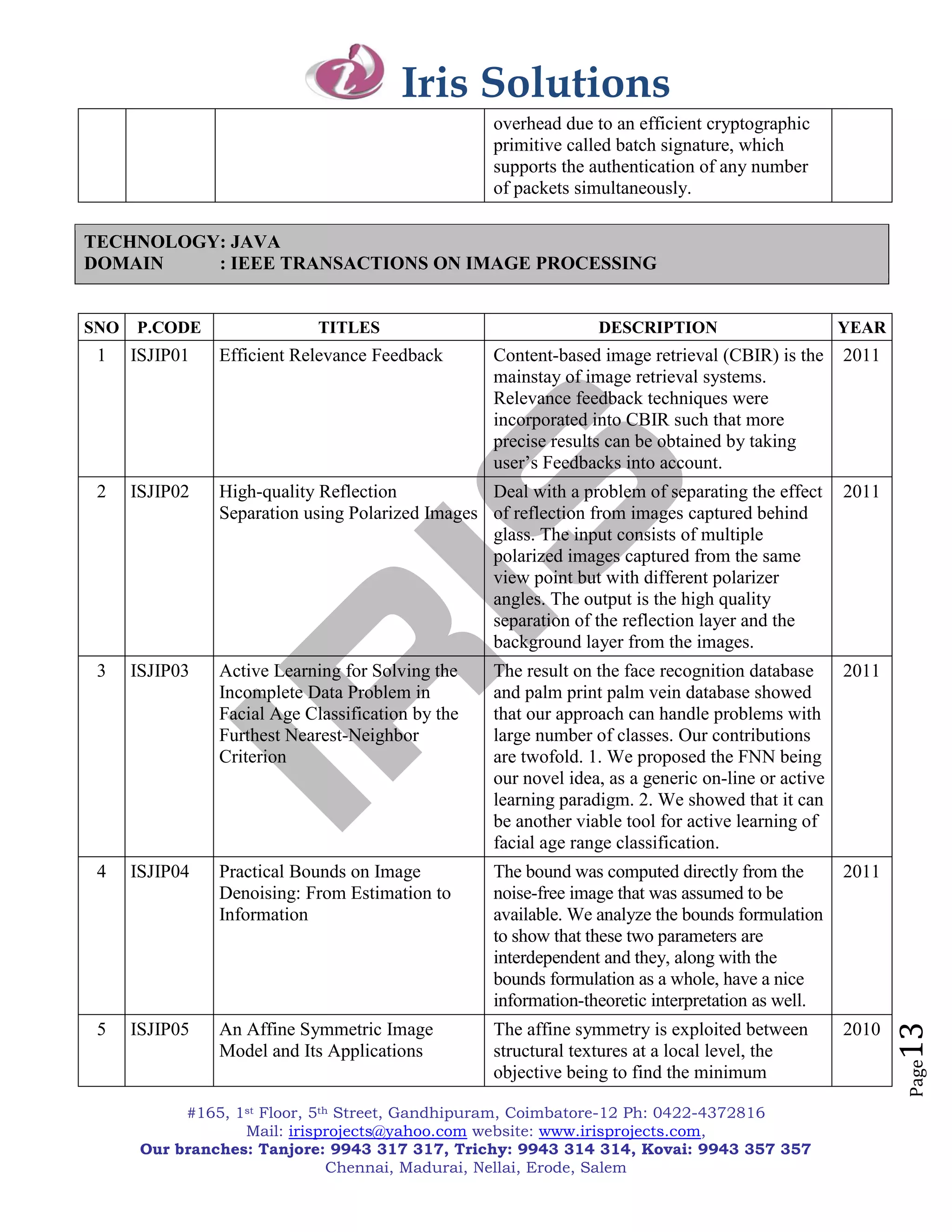 Iris Solutions
                                                   overhead due to an efficient cryptographic
                                                   primitive called batch signature, which
                                                   supports the authentication of any number
                                                   of packets simultaneously.

TECHNOLOGY: JAVA
DOMAIN    : IEEE TRANSACTIONS ON IMAGE PROCESSING


SNO   P.CODE                 TITLES                              DESCRIPTION                       YEAR
 1    ISJIP01   Efficient Relevance Feedback       Content-based image retrieval (CBIR) is the     2011
                                                   mainstay of image retrieval systems.
                                                   Relevance feedback techniques were
                                                   incorporated into CBIR such that more
                                                   precise results can be obtained by taking
                                                   user‘s Feedbacks into account.
 2    ISJIP02   High-quality Reflection           Deal with a problem of separating the effect     2011
                Separation using Polarized Images of reflection from images captured behind
                                                  glass. The input consists of multiple
                                                  polarized images captured from the same
                                                  view point but with different polarizer
                                                  angles. The output is the high quality
                                                  separation of the reflection layer and the
                                                  background layer from the images.
 3    ISJIP03   Active Learning for Solving the    The result on the face recognition database    2011
                Incomplete Data Problem in         and palm print palm vein database showed
                Facial Age Classification by the   that our approach can handle problems with
                Furthest Nearest-Neighbor          large number of classes. Our contributions
                Criterion                          are twofold. 1. We proposed the FNN being
                                                   our novel idea, as a generic on-line or active
                                                   learning paradigm. 2. We showed that it can
                                                   be another viable tool for active learning of
                                                   facial age range classification.
 4    ISJIP04   Practical Bounds on Image          The bound was computed directly from the        2011
                Denoising: From Estimation to      noise-free image that was assumed to be
                Information                        available. We analyze the bounds formulation
                                                   to show that these two parameters are
                                                   interdependent and they, along with the
                                                   bounds formulation as a whole, have a nice
                                                   information-theoretic interpretation as well.
                                                                                                          13


 5    ISJIP05   An Affine Symmetric Image          The affine symmetry is exploited between        2010
                Model and Its Applications         structural textures at a local level, the
                                                                                                          Page




                                                   objective being to find the minimum

            #165, 1st Floor, 5th Street, Gandhipuram, Coimbatore-12 Ph: 0422-4372816
                   Mail: irisprojects@yahoo.com website: www.irisprojects.com,
       Our branches: Tanjore: 9943 317 317, Trichy: 9943 314 314, Kovai: 9943 357 357
                                Chennai, Madurai, Nellai, Erode, Salem
 