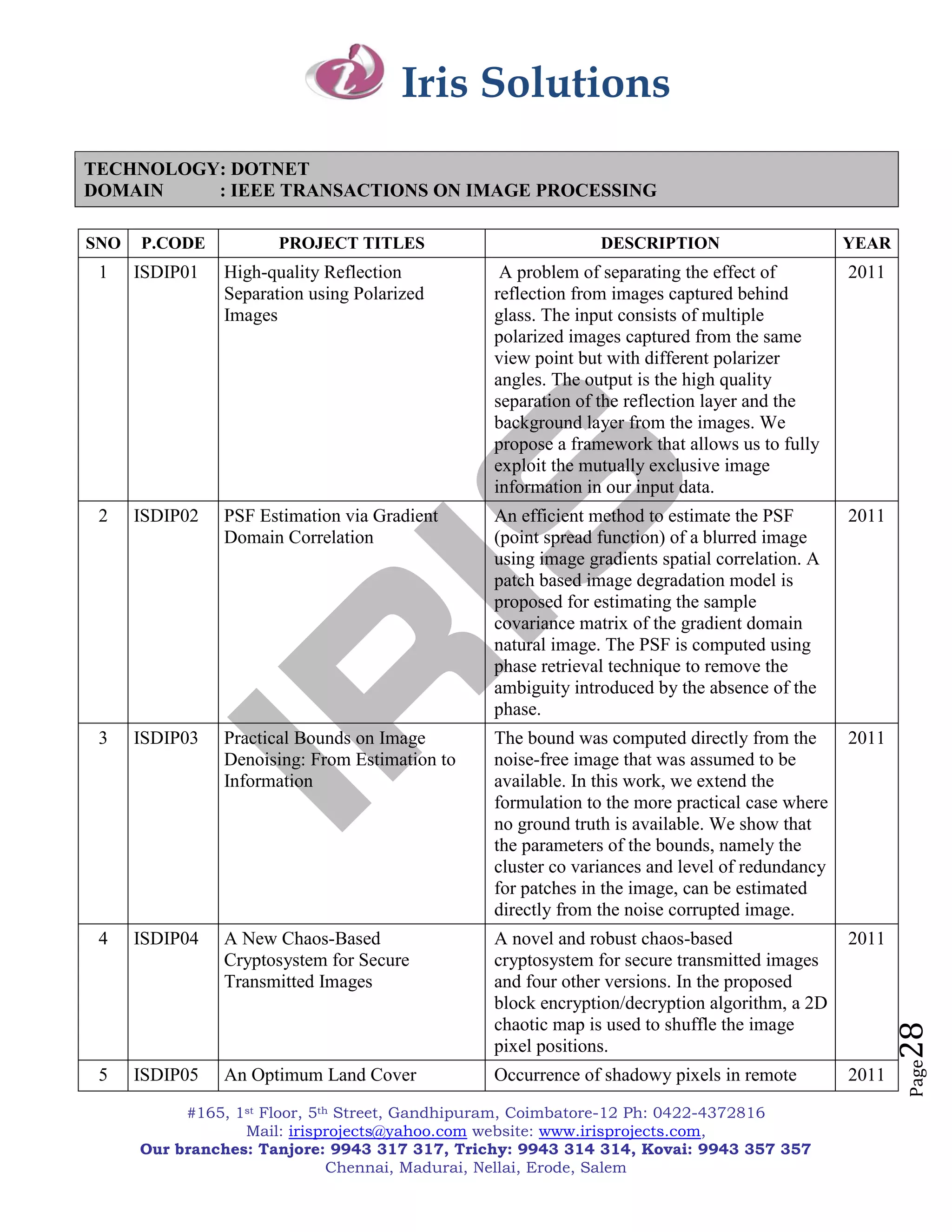Iris Solutions
TECHNOLOGY: DOTNET
DOMAIN    : IEEE TRANSACTIONS ON IMAGE PROCESSING

SNO   P.CODE           PROJECT TITLES                         DESCRIPTION                      YEAR
 1    ISDIP01   High-quality Reflection          A problem of separating the effect of         2011
                Separation using Polarized      reflection from images captured behind
                Images                          glass. The input consists of multiple
                                                polarized images captured from the same
                                                view point but with different polarizer
                                                angles. The output is the high quality
                                                separation of the reflection layer and the
                                                background layer from the images. We
                                                propose a framework that allows us to fully
                                                exploit the mutually exclusive image
                                                information in our input data.
 2    ISDIP02   PSF Estimation via Gradient     An efficient method to estimate the PSF        2011
                Domain Correlation              (point spread function) of a blurred image
                                                using image gradients spatial correlation. A
                                                patch based image degradation model is
                                                proposed for estimating the sample
                                                covariance matrix of the gradient domain
                                                natural image. The PSF is computed using
                                                phase retrieval technique to remove the
                                                ambiguity introduced by the absence of the
                                                phase.
 3    ISDIP03   Practical Bounds on Image       The bound was computed directly from the       2011
                Denoising: From Estimation to   noise-free image that was assumed to be
                Information                     available. In this work, we extend the
                                                formulation to the more practical case where
                                                no ground truth is available. We show that
                                                the parameters of the bounds, namely the
                                                cluster co variances and level of redundancy
                                                for patches in the image, can be estimated
                                                directly from the noise corrupted image.
 4    ISDIP04   A New Chaos-Based               A novel and robust chaos-based                 2011
                Cryptosystem for Secure         cryptosystem for secure transmitted images
                Transmitted Images              and four other versions. In the proposed
                                                block encryption/decryption algorithm, a 2D
                                                chaotic map is used to shuffle the image
                                                                                                      28


                                                pixel positions.
                                                                                                      Page




 5    ISDIP05   An Optimum Land Cover           Occurrence of shadowy pixels in remote         2011
           #165, 1st Floor, 5th Street, Gandhipuram, Coimbatore-12 Ph: 0422-4372816
                  Mail: irisprojects@yahoo.com website: www.irisprojects.com,
      Our branches: Tanjore: 9943 317 317, Trichy: 9943 314 314, Kovai: 9943 357 357
                               Chennai, Madurai, Nellai, Erode, Salem
 