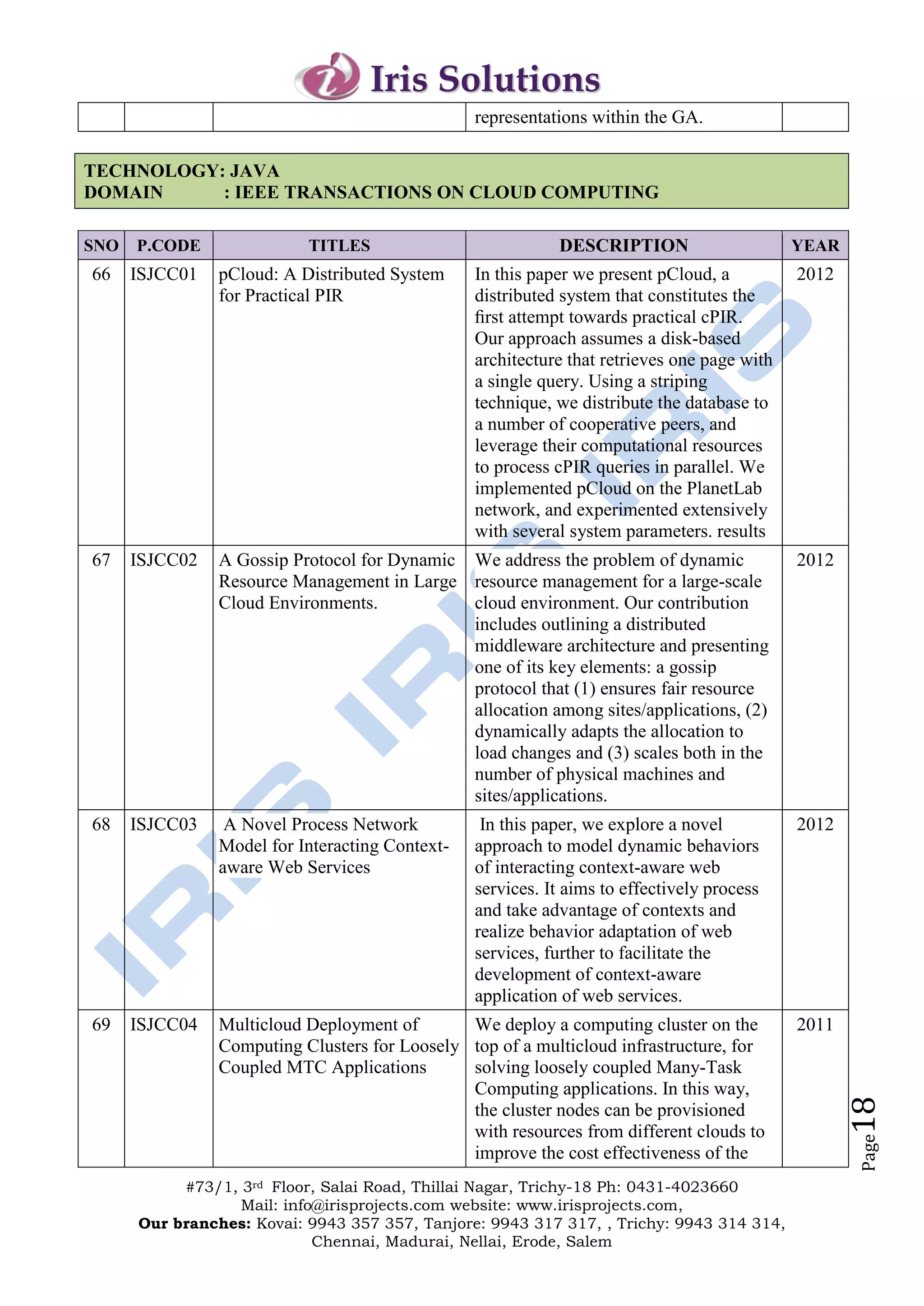 Iris Solutions
                                                 representations within the GA.

TECHNOLOGY: JAVA
DOMAIN     : IEEE TRANSACTIONS ON CLOUD COMPUTING

SNO   P.CODE               TITLES                           DESCRIPTION                      YEAR
66    ISJCC01   pCloud: A Distributed System     In this paper we present pCloud, a          2012
                for Practical PIR                distributed system that constitutes the
                                                 ﬁrst attempt towards practical cPIR.
                                                 Our approach assumes a disk-based
                                                 architecture that retrieves one page with
                                                 a single query. Using a striping
                                                 technique, we distribute the database to
                                                 a number of cooperative peers, and
                                                 leverage their computational resources
                                                 to process cPIR queries in parallel. We
                                                 implemented pCloud on the PlanetLab
                                                 network, and experimented extensively
                                                 with several system parameters. results
67    ISJCC02   A Gossip Protocol for Dynamic We address the problem of dynamic              2012
                Resource Management in Large resource management for a large-scale
                Cloud Environments.           cloud environment. Our contribution
                                              includes outlining a distributed
                                              middleware architecture and presenting
                                              one of its key elements: a gossip
                                              protocol that (1) ensures fair resource
                                              allocation among sites/applications, (2)
                                              dynamically adapts the allocation to
                                              load changes and (3) scales both in the
                                              number of physical machines and
                                              sites/applications.
68    ISJCC03    A Novel Process Network          In this paper, we explore a novel          2012
                Model for Interacting Context-   approach to model dynamic behaviors
                aware Web Services               of interacting context-aware web
                                                 services. It aims to effectively process
                                                 and take advantage of contexts and
                                                 realize behavior adaptation of web
                                                 services, further to facilitate the
                                                 development of context-aware
                                                 application of web services.
69    ISJCC04   Multicloud Deployment of       We deploy a computing cluster on the          2011
                Computing Clusters for Loosely top of a multicloud infrastructure, for
                Coupled MTC Applications       solving loosely coupled Many-Task
                                               Computing applications. In this way,
                                                                                                    18




                                               the cluster nodes can be provisioned
                                               with resources from different clouds to
                                                                                                    Page




                                               improve the cost effectiveness of the
           #73/1, 3rd Floor, Salai Road, Thillai Nagar, Trichy-18 Ph: 0431-4023660
                  Mail: info@irisprojects.com website: www.irisprojects.com,
      Our branches: Kovai: 9943 357 357, Tanjore: 9943 317 317, , Trichy: 9943 314 314,
                            Chennai, Madurai, Nellai, Erode, Salem
 