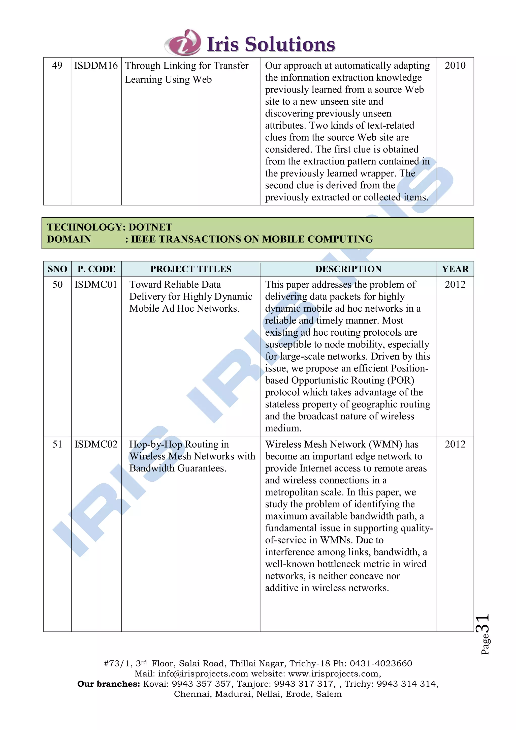Iris Solutions
49    ISDDM16 Through Linking for Transfer      Our approach at automatically adapting     2010
              Learning Using Web                the information extraction knowledge
                                                previously learned from a source Web
                                                site to a new unseen site and
                                                discovering previously unseen
                                                attributes. Two kinds of text-related
                                                clues from the source Web site are
                                                considered. The first clue is obtained
                                                from the extraction pattern contained in
                                                the previously learned wrapper. The
                                                second clue is derived from the
                                                previously extracted or collected items.

TECHNOLOGY: DOTNET
DOMAIN     : IEEE TRANSACTIONS ON MOBILE COMPUTING

SNO   P. CODE         PROJECT TITLES                        DESCRIPTION                    YEAR
50    ISDMC01    Toward Reliable Data           This paper addresses the problem of        2012
                 Delivery for Highly Dynamic    delivering data packets for highly
                 Mobile Ad Hoc Networks.        dynamic mobile ad hoc networks in a
                                                reliable and timely manner. Most
                                                existing ad hoc routing protocols are
                                                susceptible to node mobility, especially
                                                for large-scale networks. Driven by this
                                                issue, we propose an efficient Position-
                                                based Opportunistic Routing (POR)
                                                protocol which takes advantage of the
                                                stateless property of geographic routing
                                                and the broadcast nature of wireless
                                                medium.
51    ISDMC02    Hop-by-Hop Routing in       Wireless Mesh Network (WMN) has               2012
                 Wireless Mesh Networks with become an important edge network to
                 Bandwidth Guarantees.       provide Internet access to remote areas
                                             and wireless connections in a
                                             metropolitan scale. In this paper, we
                                             study the problem of identifying the
                                             maximum available bandwidth path, a
                                             fundamental issue in supporting quality-
                                             of-service in WMNs. Due to
                                             interference among links, bandwidth, a
                                             well-known bottleneck metric in wired
                                             networks, is neither concave nor
                                             additive in wireless networks.
                                                                                                  31
                                                                                                  Page




           #73/1, 3rd Floor, Salai Road, Thillai Nagar, Trichy-18 Ph: 0431-4023660
                  Mail: info@irisprojects.com website: www.irisprojects.com,
      Our branches: Kovai: 9943 357 357, Tanjore: 9943 317 317, , Trichy: 9943 314 314,
                            Chennai, Madurai, Nellai, Erode, Salem
 