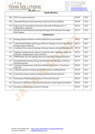 28,South Usman Road,, TNagar,
                                                                             Chennai-17. Ph : 044-43855940
                                                                             Mobile : +91-9042085008
                                                                             Web : www.temasolution.com
                                                                             email : temasolution@gmail.com

                                                WEB MINING

108. Web 2.0 content extraction                                                           JD108       2012

109. Automated Security Test Generation with Formal Threat Models                         JD109       2012

110. Improving the Automation of Security Information Management: A                       JD110       2012
     Collaborative Approach
111. Optimal Aviation Security Screening Strategies With Dynamic Passenger                JD111       2012
     Risk Updates
                                             TOPOLOGY

112. Routing characterization in volatile connectivity environments                       JD112       2012

113. A Distributed Reliable and Energy-Efficient Topology Control Algorithm in JD113                  2012
     Wireless Sensor Network
114. A method of tree network topology inference based on hierarchical host table JD114               2012

115. Topology management for mission critical networks: Applying supply and               JD115       2012
     demand to manage public safety networks
116. SNMP-based network topology discovery algorithm and implementation                   JD116       2012

117. Overlaid Mesh Topology Design and Deadlock Free Routing in Wireless                  JD117       2012
     Network-on-Chip
118. Topology Enhancements in Wireless Multihop Networks: A Top-Down                      JD118       2012
     Approach
119. A dynamic detective method against ROP attack on ARM platform                        JD119       2012

120. Countering entropy measure attacks on packed software detection                      JD120       2012

121. Performance Modeling and Analysis of Network Firewalls                               JD121       2012

122. Research on Malicious Code Detection Based on Least-squares Estimation               JD122       2012

123. Stochastic analysis of horizontal IP scanning                                        JD123       2012




   Further more details visit : http://www.temasolution.com/downloads.html
   send your request to       : info@temasolution.com
 