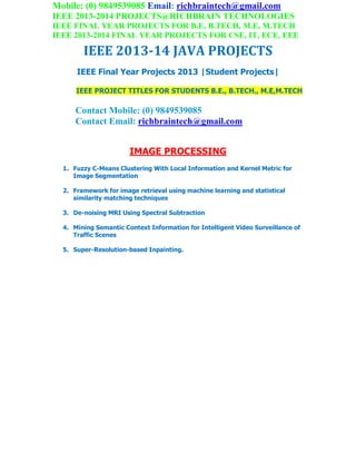 Ieee 2013 2014 final year students me,mtech java project titles | PDF