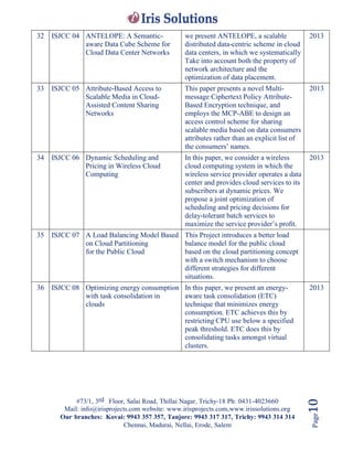 #73/1, 3rd Floor, Salai Road, Thillai Nagar, Trichy-18 Ph: 0431-4023660
Mail: info@irisprojects.com website: www.irisprojects.com,www.irissolutions.org
Our branches: Kovai: 9943 357 357, Tanjore: 9943 317 317, Trichy: 9943 314 314
Chennai, Madurai, Nellai, Erode, Salem
Page10
32 ISJCC 04 ANTELOPE: A Semantic-
aware Data Cube Scheme for
Cloud Data Center Networks
we present ANTELOPE, a scalable
distributed data-centric scheme in cloud
data centers, in which we systematically
Take into account both the property of
network architecture and the
optimization of data placement.
2013
33 ISJCC 05 Attribute-Based Access to
Scalable Media in Cloud-
Assisted Content Sharing
Networks
This paper presents a novel Multi-
message Ciphertext Policy Attribute-
Based Encryption technique, and
employs the MCP-ABE to design an
access control scheme for sharing
scalable media based on data consumers
attributes rather than an explicit list of
the consumers’ names.
2013
34 ISJCC 06 Dynamic Scheduling and
Pricing in Wireless Cloud
Computing
In this paper, we consider a wireless
cloud computing system in which the
wireless service provider operates a data
center and provides cloud services to its
subscribers at dynamic prices. We
propose a joint optimization of
scheduling and pricing decisions for
delay-tolerant batch services to
maximize the service provider’s proﬁt.
2013
35 ISJCC 07 A Load Balancing Model Based
on Cloud Partitioning
for the Public Cloud
This Project introduces a better load
balance model for the public cloud
based on the cloud partitioning concept
with a switch mechanism to choose
different strategies for different
situations.
36 ISJCC 08 Optimizing energy consumption
with task consolidation in
clouds
In this paper, we present an energy-
aware task consolidation (ETC)
technique that minimizes energy
consumption. ETC achieves this by
restricting CPU use below a specified
peak threshold. ETC does this by
consolidating tasks amongst virtual
clusters.
2013
 