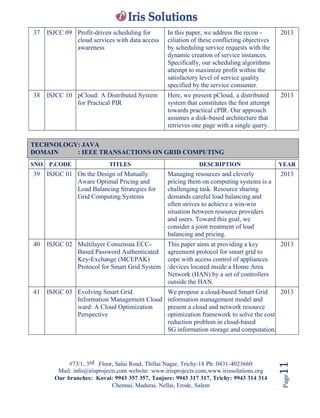 #73/1, 3rd Floor, Salai Road, Thillai Nagar, Trichy-18 Ph: 0431-4023660
Mail: info@irisprojects.com website: www.irisprojects.com,www.irissolutions.org
Our branches: Kovai: 9943 357 357, Tanjore: 9943 317 317, Trichy: 9943 314 314
Chennai, Madurai, Nellai, Erode, Salem
Page11
37 ISJCC 09 Profit-driven scheduling for
cloud services with data access
awareness
In this paper, we address the recon -
ciliation of these conflicting objectives
by scheduling service requests with the
dynamic creation of service instances.
Specifically, our scheduling algorithms
attempt to maximize profit within the
satisfactory level of service quality
specified by the service consumer.
2013
38 ISJCC 10 pCloud: A Distributed System
for Practical PIR
Here, we present pCloud, a distributed
system that constitutes the ﬁrst attempt
towards practical cPIR. Our approach
assumes a disk-based architecture that
retrieves one page with a single query.
2013
TECHNOLOGY: JAVA
DOMAIN : IEEE TRANSACTIONS ON GRID COMPUTING
SNO P.CODE TITLES DESCRIPTION YEAR
39 ISJGC 01 On the Design of Mutually
Aware Optimal Pricing and
Load Balancing Strategies for
Grid Computing Systems
Managing resources and cleverly
pricing them on computing systems is a
challenging task. Resource sharing
demands careful load balancing and
often strives to achieve a win-win
situation between resource providers
and users. Toward this goal, we
consider a joint treatment of load
balancing and pricing.
2013
40 ISJGC 02 Multilayer Consensus ECC-
Based Password Authenticated
Key-Exchange (MCEPAK)
Protocol for Smart Grid System
This paper aims at providing a key
agreement protocol for smart grid to
cope with access control of appliances
/devices located inside a Home Area
Network (HAN) by a set of controllers
outside the HAN.
2013
41 ISJGC 03 Evolving Smart Grid
Information Management Cloud
ward: A Cloud Optimization
Perspective
We propose a cloud-based Smart Grid
information management model and
present a cloud and network resource
optimization framework to solve the cost
reduction problem in cloud-based
SG information storage and computation.
2013
 
