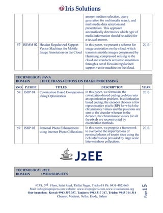 #73/1, 3rd Floor, Salai Road, Thillai Nagar, Trichy-18 Ph: 0431-4023660
Mail: info@irisprojects.com website: www.irisprojects.com,www.irissolutions.org
Our branches: Kovai: 9943 357 357, Tanjore: 9943 317 317, Trichy: 9943 314 314
Chennai, Madurai, Nellai, Erode, Salem
Page15
answer medium selection, query
generation for multimedia search, and
multimedia data selection and
presentation. This approach
automatically determines which type of
media information should be added for
a textual answer.
57 ISJMM 02 Hessian Regularized Support
Vector Machines for Mobile
Image Annotation on the Cloud
In this paper, we present a scheme for
image annotation on the cloud, which
transmits mobile images compressed by
Hamming, compressed sensing to the
cloud and conducts semantic annotation
through a novel Hessian regularized
support vector machine on the cloud.
2013
TECHNOLOGY: JAVA
DOMAIN : IEEE TRANSACTIONS ON IMAGE PROCESSING
SNO P.CODE TITLES DESCRIPTION YEAR
58 ISJIP 01 Colorization Based Compression
Using Optimization
In this paper, we formulate the
colorization-based coding problem into
an optimization problem. In colorization
based coding, the encoder chooses a few
representative pixels (RP) for which the
chrominance values and the positions are
sent to the decoder whereas in the
decoder, the chrominance values for all
the pixels are reconstructed by
colorization methods.
2013
59 ISJIP 02 Personal Photo Enhancement
using Internet Photo Collections
In this paper, we propose a framework
to overcome the imperfections of
personal photos of tourist sites using the
rich information provided by large scale
Internet photo collections.
2013
J2EE
TECHNOLOGY: J2EE
DOMAIN : WEB SERVICES
 