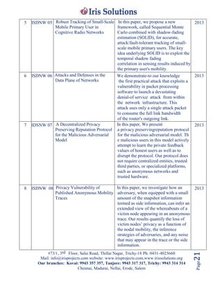 #73/1, 3rd Floor, Salai Road, Thillai Nagar, Trichy-18 Ph: 0431-4023660
Mail: info@irisprojects.com website: www.irisprojects.com,www.irissolutions.org
Our branches: Kovai: 9943 357 357, Tanjore: 9943 317 317, Trichy: 9943 314 314
Chennai, Madurai, Nellai, Erode, Salem
Page21
5 ISDNW 05 Robust Tracking of Small-Scale
Mobile Primary User in
Cognitive Radio Networks
In this paper, we propose a new
framework, called Sequential Monte
Carlo combined with shadow-fading
estimation (SOLID), for accurate,
attack/fault-tolerant tracking of small-
scale mobile primary users. The key
idea underlying SOLID is to exploit the
temporal shadow fading
correlation in sensing results induced by
the primary user's mobility.
2013
6 ISDNW 06 Attacks and Defenses in the
Data Plane of Networks
We demonstrate-to our knowledge
the first practical attack that exploits a
vulnerability in packet processing
software to launch a devastating
denial-of service attack from within
the network infrastructure. This
attack uses only a single attack packet
to consume the full link bandwidth
of the router's outgoing link.
2013
7 IDSNW 07 A Decentralized Privacy
Preserving Reputation Protocol
for the Malicious Adversarial
Model
In this paper, We present
a privacy preservingreputation protocol
for the malicious adversarial model. Th
e malicious users in this model actively
attempt to learn the private feedback
values of honest users as well as to
disrupt the protocol. Our protocol does
not require centralized entities, trusted
third parties, or specialized platforms,
such as anonymous networks and
trusted hardware.
2013
8 ISDNW 08 Privacy Vulnerability of
Published Anonymous Mobility
Traces
In this paper, we investigate how an
adversary, when equipped with a small
amount of the snapshot information
termed as side information, can infer an
extended view of the whereabouts of a
victim node appearing in an anonymous
trace. Our results quantify the loss of
victim nodes’ privacy as a function of
the nodal mobility, the inference
strategies of adversaries, and any noise
that may appear in the trace or the side
information.
2013
 