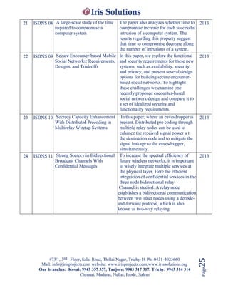 #73/1, 3rd Floor, Salai Road, Thillai Nagar, Trichy-18 Ph: 0431-4023660
Mail: info@irisprojects.com website: www.irisprojects.com,www.irissolutions.org
Our branches: Kovai: 9943 357 357, Tanjore: 9943 317 317, Trichy: 9943 314 314
Chennai, Madurai, Nellai, Erode, Salem
Page25
21 ISDNS 08 A large-scale study of the time
required to compromise a
computer system
The paper also analyzes whether time to
compromise increase for each successful
intrusion of a computer system. The
results regarding this property suggest
that time to compromise decrease along
the number of intrusions of a system.
2013
22 ISDNS 09 Secure Encounter-based Mobile
Social Networks: Requirements,
Designs, and Tradeoffs
In this paper, we explore the functional
and security requirements for these new
systems, such as availability, security,
and privacy, and present several design
options for building secure encounter-
based social networks. To highlight
these challenges we examine one
recently proposed encounter-based
social network design and compare it to
a set of idealized security and
functionality requirements.
2013
23 ISDNS 10 Secrecy Capacity Enhancement
With Distributed Precoding in
Multirelay Wiretap Systems
In this paper, where an eavesdropper is
present. Distributed pre coding through
multiple relay nodes can be used to
enhance the received signal power a t
the destination node and to mitigate the
signal leakage to the eavesdropper,
simultaneously.
2013
24 ISDNS 11 Strong Secrecy in Bidirectional
Broadcast Channels With
Conﬁdential Messages
To increase the spectral efficiency of
future wireless networks, it is important
to wisely integrate multiple services at
the physical layer. Here the efficient
integration of confidential services in the
three node bidirectional relay
Channel is studied. A relay node
establishes a bidirectional communication
between two other nodes using a decode-
and-forward protocol, which is also
known as two-way relaying.
2013
 