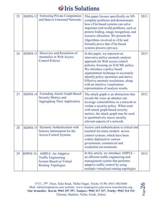 #73/1, 3rd Floor, Salai Road, Thillai Nagar, Trichy-18 Ph: 0431-4023660
Mail: info@irisprojects.com website: www.irisprojects.com,www.irissolutions.org
Our branches: Kovai: 9943 357 357, Tanjore: 9943 317 317, Trichy: 9943 314 314
Chennai, Madurai, Nellai, Erode, Salem
Page26
25 ISDNS 12 Entrusting Private Computation
and Data to Untrusted Networks
This paper focuses specifically on NP-
complete problems and demonstrates
how sTile-based systems can solve
important real-world problems, such as
protein folding, image recognition, and
resource allocation. We present the
Algorithms involved in sTile and
formally prove that sTile-based
systems preserve privacy.
2013
26 ISDNS 13 Discovery and Resolution of
Anomalies in Web Access
Control Policies
In this paper, we represent an
innovative policy anomaly analysis
approach for Web access control
policies, focusing on XACML policy.
We introduce a policy based
segmentation technique to accurately
identify policy anomalies and derive
Effective anomaly resolutions, along
with an intuitive visualization
representation of analysis results.
2013
27 ISDNS 14 Extending Attack Graph-Based
Security Metrics and
Aggregating Their Application
The attack graph is an abstraction that
reveals the ways an attacker can
leverage vulnerabilities in a network to
violate a security policy. When used
with attack graph-based security
metrics, the attack graph may be used
to quantitatively assess security
relevant aspects of a network.
2012
28 ISDNS 15 Dynamic Authentication with
Sensory Information for the
Access Control Systems
Access card authentication is critical and
essential for many modern access
control systems, which have been
widely deployed in various
government, commercial and
residential environments
29 ISDNS 16 AMPLE: An Adaptive
Traffic Engineering
System Based on Virtual
Routing Topologies
In this article, we introduce AMPLE -
an efficient traffic engineering and
management system that performs
adaptive traffic control by using
multiple virtualized routing topologies
2012
 