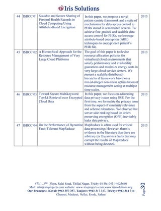 #73/1, 3rd Floor, Salai Road, Thillai Nagar, Trichy-18 Ph: 0431-4023660
Mail: info@irisprojects.com website: www.irisprojects.com,www.irissolutions.org
Our branches: Kovai: 9943 357 357, Tanjore: 9943 317 317, Trichy: 9943 314 314
Chennai, Madurai, Nellai, Erode, Salem
Page30
44 ISDCC 01 Scalable and Secure Sharing of
Personal Health Records in
Cloud Computing Using
Attribute-Based Encryption
In this paper, we propose a novel
patient-centric framework and a suite of
mechanisms for data access control to
PHRs stored in semitrusted servers. To
achieve fine-grained and scalable data
access control for PHRs, we leverage
attribute-based encryption (ABE)
techniques to encrypt each patient’s
PHR file.
2013
45 ISDCC 02 A Hierarchical Approach for the
Resource Management of Very
Large Cloud Platforms
The goal of this paper is to devise
resource allocation policies for
virtualized cloud environments that
satisfy performance and availability
guarantees and minimize energy costs in
very large cloud service centers. We
present a scalable distributed
hierarchical framework based on a
mixed-integer non-linear optimization of
resource management acting at multiple
time-scales.
2013
46 ISDCC 03 Toward Secure Multikeyword
Top-kk Retrieval over Encrypted
Cloud Data
In this paper, we focus on addressing
data privacy issues using SSE. For the
first time, we formulate the privacy issue
from the aspect of similarity relevance
and scheme robustness. We observe that
server-side ranking based on order-
preserving encryption (OPE) inevitably
leaks data privacy.
2013
47 ISDCC 04 On the Performance of Byzantine
Fault-Tolerant MapReduce
MapReduce is often used for critical
data processing; However, there is
evidence in the literature that there are
arbitrary (or Byzantine) faults that may
corrupt the results of MapReduce
without being detected.
2013
 
