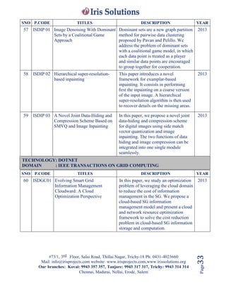 #73/1, 3rd Floor, Salai Road, Thillai Nagar, Trichy-18 Ph: 0431-4023660
Mail: info@irisprojects.com website: www.irisprojects.com,www.irissolutions.org
Our branches: Kovai: 9943 357 357, Tanjore: 9943 317 317, Trichy: 9943 314 314
Chennai, Madurai, Nellai, Erode, Salem
Page33
SNO P.CODE TITLES DESCRIPTION YEAR
57 ISDIP 01 Image Denoising With Dominant
Sets by a Coalitional Game
Approach
Dominant sets are a new graph partition
method for pairwise data clustering
proposed by Pavan and Pelillo. We
address the problem of dominant sets
with a coalitional game model, in which
each data point is treated as a player
and similar data points are encouraged
to group together for cooperation.
2013
58 ISDIP 02 Hierarchical super-resolution-
based inpainting
This paper introduces a novel
framework for examplar-based
inpainting. It consists in performing
ﬁrst the inpainting on a coarse version
of the input image. A hierarchical
super-resolution algorithm is then used
to recover details on the missing areas.
2013
59 ISDIP 03 A Novel Joint Data-Hiding and
Compression Scheme Based on
SMVQ and Image Inpainting
In this paper, we propose a novel joint
data-hiding and compression scheme
for digital images using side match
vector quantization and image
inpainting. The two functions of data
hiding and image compression can be
integrated into one single module
seamlessly.
2013
TECHNOLOGY: DOTNET
DOMAIN : IEEE TRANSACTIONS ON GRID COMPUTING
SNO P.CODE TITLES DESCRIPTION YEAR
60 ISDGC01 Evolving Smart Grid
Information Management
Cloudward: A Cloud
Optimization Perspective
In this paper, we study an optimization
problem of leveraging the cloud domain
to reduce the cost of information
management in the SG. We propose a
cloud-based SG information
management model and present a cloud
and network resource optimization
framework to solve the cost reduction
problem in cloud-based SG information
storage and computation.
2013
 