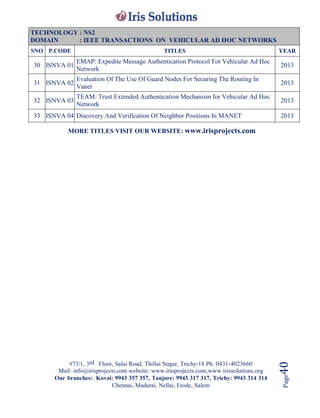 #73/1, 3rd Floor, Salai Road, Thillai Nagar, Trichy-18 Ph: 0431-4023660
Mail: info@irisprojects.com website: www.irisprojects.com,www.irissolutions.org
Our branches: Kovai: 9943 357 357, Tanjore: 9943 317 317, Trichy: 9943 314 314
Chennai, Madurai, Nellai, Erode, Salem
Page40
TECHNOLOGY : NS2
DOMAIN : IEEE TRANSACTIONS ON VEHICULAR AD HOC NETWORKS
SNO P.CODE TITLES YEAR
30 ISNVA 01
EMAP: Expedite Message Authentication Protocol For Vehicular Ad Hoc
Network
2013
31 ISNVA 02
Evaluation Of The Use Of Guard Nodes For Securing The Routing In
Vanet
2013
32 ISNVA 03
TEAM: Trust Extended Authentication Mechanism for Vehicular Ad Hoc
Network
2013
33 ISNVA 04 Discovery And Verification Of Neighbor Positions In MANET 2013
MORE TITLES VISIT OUR WEBSITE: www.irisprojects.com
 
