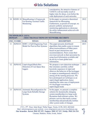 #73/1, 3rd Floor, Salai Road, Thillai Nagar, Trichy-18 Ph: 0431-4023660
Mail: info@irisprojects.com website: www.irisprojects.com,www.irissolutions.org
Our branches: Kovai: 9943 357 357, Tanjore: 9943 317 317, Trichy: 9943 314 314
Chennai, Madurai, Nellai, Erode, Salem
Page5
consideration, the attractive features of
VANETs will inevitably result in
higher risks for abuse, even before the
wide deployment of such networks.
10 ISJNW 10 MeasuRouting:A Framework
For Routing Assisted Traffic
Monitoring.
In this paper we present a theoretical
framework for Misrouting.
Furthermore, as proofs-of-concept, we
present synthetic and practical
monitoring applications to showcase
the utility enhancement achieved with
MeasuRouting.
2012
TECHNOLOGY: JAVA
DOMAIN : IEEE TRANSACTIONS ON NETWORK SECURITY
SNO P.CODE TITLES DESCRIPTION YEAR
11 ISJNS 01 SORT: A Self-Organizing Trust
Model for Peer-to-Peer Systems
This paper presents distributed
algorithms that enable a peer to reason
about trustworthiness of Other peers
based on past interactions and
recommendations. Peers create their
own trust network in their proximity by
using local Information available and
do not try to learn global trust
information.
2013
12 ISJNS 02 Unprivileged Black-Box
Detection of User-Space Key
loggers
We propose a new detection technique
that simulates carefully crafted
keystroke sequences in input and
observes the behavior of the keylogger
in output to unambiguously identify it
among all the running processes. We
have prototyped our technique as an
unprivileged application, hence
matching the same ease of deployment
of a keylogger executing in
unprivileged mode
2013
13 ISJNS 03 Automatic Reconfiguration for
Large-Scale Reliable Storage
Systems
In this paper, we present a complete
solution for dynamically changing
system membership in a large-scale
Byzantine-fault-tolerant system. We
present a service that tracks system
membership and periodically notifies
other system nodes of changes
2013
 