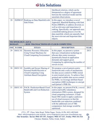 #73/1, 3rd Floor, Salai Road, Thillai Nagar, Trichy-18 Ph: 0431-4023660
Mail: info@irisprojects.com website: www.irisprojects.com,www.irissolutions.org
Our branches: Kovai: 9943 357 357, Tanjore: 9943 317 317, Trichy: 9943 314 314
Chennai, Madurai, Nellai, Erode, Salem
Page9
likelihood criterion, which can be
Interpreted as a degree of agreement
between the statistical model and the
uncertain observations.
28 ISJDM 07 Ranking on Data Manifold with
Sink Points
In this paper, we introduce a novel
Approach, Manifold Ranking with Sink
Points (MRSPs), to address diversity as
well as relevance and importance in
ranking. Specifically, our approach uses
a manifold ranking process over the
data manifold, which can naturally find
the most relevant and Important data
objects.
2013
TECHNOLOGY: JAVA
DOMAIN : IEEE TRANSACTIONS ON CLOUD COMPUTING
SNO P.CODE TITLES DESCRIPTION YEAR
29 ISJCC 01 Dynamic Resource Allocation
Using Virtual Machines for
Cloud Computing Environment
In this paper, we present a system
that uses virtualization technology to
allocate data center resources
dynamically based on application
demands and support green
Computing by optimizing the number of
servers in use.
2013
30 ISJCC 02 Scalable and Secure Sharing of
Personal Health Records in
Cloud Computing Using
Attribute-Based Encryption
We propose a novel patient-centric
framework and a suite of mechanisms
for data access control to PHRs stored
in semi trusted servers. To achieve fine-
grained and scalable data access control
for PHRs, we leverage attribute-based
encryption (ABE) techniques to encrypt
each patient’s PHR file.
2013
31 ISJCC 03 PACK: Prediction-Based Cloud
Bandwidth and Cost Reduction
System
In this paper, we present PACK, a novel
end-to-end traffic redundancy
elimination (TRE) system, designed for
cloud computing customers. Cloud-
based TRE needs to apply a judicious
use of cloud resources so that the
bandwidth cost reduction combined
with the additional cost of TRE
computation And storage would be
optimized.
2013
 