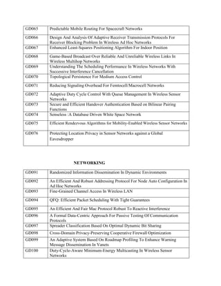 GD065 Predictable Mobile Routing For Spacecraft Networks
GD066 Design And Analysis Of Adaptive Receiver Transmission Protocols For
Receiver Blocking Problem In Wireless Ad Hoc Networks
GD067 Enhanced Least-Squares Positioning Algorithm For Indoor Position
GD068 Game-Based Broadcast Over Reliable And Unreliable Wireless Links In
Wireless Multihop Networks
GD069 Understanding The Scheduling Performance In Wireless Networks With
Successive Interference Cancellation
GD070 Topological Persistence For Medium Access Control
GD071 Reducing Signaling Overhead For Femtocell/Macrocell Networks
GD072 Adaptive Duty Cycle Control With Queue Management In Wireless Sensor
Networks
GD073 Secure and Efficient Handover Authentication Based on Bilinear Pairing
Functions
GD074 Senseless :A Database Driven White Space Network
GD075 Efficient Rendezvous Algorithms for Mobility-Enabled Wireless Sensor Networks
GD076 Protecting Location Privacy in Sensor Networks against a Global
Eavesdropper
NETWORKING
GD091 Randomized Information Dissemination In Dynamic Environments
GD092 An Efficient And Robust Addressing Protocol For Node Auto Configuration In
Ad Hoc Networks
GD093 Fine-Grained Channel Access In Wireless LAN
GD094 QFQ: Efficient Packet Scheduling With Tight Guarantees
GD095 An Efficient And Fair Mac Protocol Robust To Reactive Interference
GD096 A Formal Data-Centric Approach For Passive Testing Of Communication
Protocols
GD097 Spreader Classification Based On Optimal Dynamic Bit Sharing
GD098 Cross-Domain Privacy-Preserving Cooperative Firewall Optimization
GD099 An Adaptive System Based On Roadmap Profiling To Enhance Warning
Message Dissemination In Vanets
GD100 Duty-Cycle-Aware Minimum-Energy Multicasting In Wireless Sensor
Networks
 