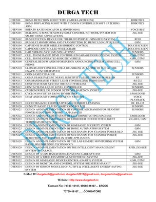 DURGA TECH 
DTEN98 BOMB DETECTION ROBOT WITH CAMERA (WIRELESS) ROBOTICS 
DTEN99 BOMB DISPLACING ROBOT WITH TENSION CONTROLLED SOFT CATCHING 
ARM 
ROBOTICS 
DTEN100 BREATH RATE INDICATOR & MONITORING VOICE REC 
DTEN101 BUILDING A REMOTE SUPERVISORY CONTROL NETWORK SYSTEM FOR 
SMART HOME APPLICATIONS 
ZIG-BEE 
DTEN102 BUS DETECTION DEVICE FOR THE BLIND PEOPLE USING RFID SYSTEM RFID 
DTEN103 BUS SEAT MONITORING AND TRANSMITTING TO DEPOT USING WIRELESS GSM 
DTEN104 CAP SENSE BASED WIRELESS ROBOTIC CONTROL TOUCH SCREEN 
DTEN105 CAPSENSE CONTROLLED WHEELCHAIR TOUCH SCREEN 
DTEN106 CAR PARKING SYSTEM USING AT89S52 SENSORS 
DTEN107 CELL PHONE BASED DTMF CONTROLLED GARAGE DOOR OPENING SYSTEM GSM, DTMF 
DTEN108 CELL PHONE OPERATED ROBOTIC VEHICLE GSM, DTMF 
DTEN109 CENTRALISED FM AND INFORMATION ANNOUNCING SYSTEM USING CELL 
PHONE 
GSM 
DTEN110 CLOSED LOOP CONTROL FOR A BRUSHLESS DC MOTOR TO RUN AT THE 
EXACTLY ENTERED SPEED 
SENSORS 
DTEN111 COIN BASED CHARGER SENSORS 
DTEN112 COMA STAGE PATIENT NERVE SENSTIVITY ALERT THROGH WIRELESS RF 
DTEN113 COMMAND BASED STREET LIGHT CONTROLLING THROUGH PC RS-232 
DTEN114 CONFINED HOME SYSTEM THROUGH WIRELESS ZIG-BEE 
DTEN115 CONTACTLESS LIQUID LEVEL CONTROLLER SENSORS 
DTEN116 CUSTOM WIRELESS SENSOR NETWORK BASED ON ZIGBEE ZIG-BEE 
DTEN117 CYCLO CONVERTER USING THYRISTORS EMBEDDED 
DTEN118 DEAF AND DUMP COMMUNICATION SYSTEMS VOICE 
PLAYBACK 
DTEN119 DECENTRALIZED COOPERATIVE MULTI ROBOT LEARNING RF, RS-232 
DTEN120 DENSITY BASED TRAFFIC LIGHT CONTROLLER SENSORS 
DTEN121 DESIGN AND IMPLEMENTATION OF CONTROL MECHANISM FOR STANDBY 
POWER REDUCTION IN HOME APPLIANCES 
SENSORS 
DTEN122 DESIGN AND IMPLEMENTATION OF ELECTRONIC VOTING MACHINE EMBEDDED 
DTEN123 DESIGN AND IMPLEMENTATION OF EMBEDDED INDOOR INTELLIGENT 
TEMPERATURE CONTROL 
ZIG-BEE, GSM 
DTEN124 DESIGN AND IMPLEMENTATION OF GSM BASED SECURITY SYSTEM GSM 
DTEN125 DESIGN AND IMPLEMENTATION OF HOME AUTOMATION SYSTEM GSM 
DTEN126 DESIGN AND IMPLEMENTATION OF MECHANISM FOR STANDBY POWER RED ZIG-BEE 
DTEN127 DESIGN AND IMPLEMENTATION OF MECHANISM FOR STANDBY POWER 
REDUCTION AND CONTROL IN HOME APPLIANCES 
ZIG-BEE 
DTEN128 DESIGN AND IMPLEMENTATION OF THE LAB REMOTE MONITORING SYSTEM 
BASED ON EMBEDDED TECHNOLOGY 
GSM 
DTEN129 DESIGN AND IMPLEMENTATION ON THE INTELLIGENT MANAGEMENT 
SYSTEM OF GARAGE 
RFID, ZIG-BEE 
DTEN130 DESIGN OF A GSM BASED MOBILE PATIENT-CARE SYSTEM GSM 
DTEN131 DESIGN OF A WIRELESS MEDICAL MONITORING SYSTEM ZIG-BEE 
DTEN132 DESIGN OF GSM BASED DEVICE CONTROL (ON/OFF) SYSTEM GSM, DTMF 
DTEN133 DESIGN OF MONITOR-AND-CONTROL SYSTEM FOR SUPER MARKET ZIG-BEE 
DTEN134 DESIGN OF SENSOR MODULES OF ACTIVE & INTELLIGENT ENERGY SAVING 
SYSTEM 
ZIG-BEE 
E-Mail ID:durgatech@gmail.com, durgatech2013@gmail.com, durgatechcbe@gmail.com 
Website: http://www.durgatech.in 
Contact No: 73737-16107, 99655-16107… ERODE 
73730-16107……COIMBATORE 
 