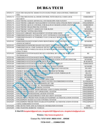 DURGA TECH 
DTEN171 ELECTRO MAGNETIC DOOR STATUS SCRUTINIZE AND CONTROL THROUGH 
SMS 
GSM 
DTEN172 ELECTRO MECHANICAL DOOR CONTROL WITH DIGITAL CODE LOCK 
SECURITY 
EMBEDDED 
DTEN173 ELECTRONIC BASED ARTIFICIAL STETHOSCOPE FOR PATEINT SENSORS 
DTEN174 ELECTRONIC LIBRARY MANAGEMENT SYSTEM USING FINGER PRINT SENSOR FINGERPRINT 
DTEN175 ELECTRONIC QUEUE CONTROL FOR RAILWAY RESERVATION COUNTER EMBEDDED 
DTEN176 ELECTRONIC ROAD PRICING SYSTEM RFID 
DTEN177 ELECTRONIC SAFETY ASSISTANT FOR BLIND SENSORS 
DTEN178 ELECTRONIC VOTING MACHINE EMBEDDED 
DTEN179 ELEGANT LIBRARY MANAGEMENT SYSTEM USING RFID RFID 
DTEN180 EMBEDDED BASED AUTOMATIC LEVY ENTRANCE CONTROLLER RF 
DTEN181 EMBEDDED BASED AUTOMOBILE GAS LEAKAGE MONITORING AND 
CONTROL 
SENSORS 
DTEN182 EMBEDDED BASED SUBSTATION MONITORING AND CONTROL WITH 
ANNOUNCEMENT 
SENSORS 
DTEN183 EMBEDDED PASSWORD BASED SECURITY DOOR LOCK SYSTEM EMBEDDED 
DTEN184 EMBEDDED REAL-TIME DAMAGE DETECTION AND IDENTIFICATION 
ALGORITHMS IN WIRELESS HEALTH MONITORING SYSTEM FOR SMART 
STRUCTURES 
ZIG-BEE 
DTEN185 EMBEDDED SYSTEM BASED DEVICE CONTROL BY USING RF WIRELESS 
TECHNOLOGY. 
RF 
DTEN186 EMBEDDED SYSTEM BASED DOOR SECURITY SYSTEM EMBEDDED 
DTEN187 EMBEDDED SYSTEM BASED ENERGY CONSERVATION SYSTEM USING PIR SENSORS 
DTEN188 EMBEDDED SYSTEM BASED IR SWITCH BOARD IR REMOTE 
DTEN189 EMBEDDED SYSTEM BASED MOVING MESSAGE DISPLAY EMBEDDED 
DTEN190 EMBEDDED SYSTEM BASED ULTRASONIC RANGE FINDER SENSORS 
DTEN191 EMBEDDED SYSTEM BASED WIRELESS ATTENDANCE REGISTER ZIG-BEE 
DTEN192 ENERGY MANAGEMENT WITH ZIGBEE SENSOR NETWORK ZIG-BEE 
DTEN193 ENERGY METER RECORDING AND COST INDICATION THROUGH PC RS-232 
DTEN194 ENERGY SAVER FOR REFRIGERATOR SENSORS 
DTEN195 ENERGY SAVING IN STREET LIGHT CONTROL SENSORS 
DTEN196 ENERGY SCRUTINIZEING SYSTEM USING GSM GSM 
DTEN197 ETHERNET ENABLED DIGITAL INPUT OUTPUT IN EMBEDDED SYSTEM EATHERNET 
DTEN198 FACTS (FLEXIBLE AC TRANSMISSION) BY TSR EMBEDDED 
DTEN199 FACTS BY SVC (FLEXIBLE AC TRANSMISSION) EMBEDDED 
DTEN200 FINGER PRINT BASED BANKING SYSTEM FINGERPRINT 
DTEN201 FINGER PRINT BASED DOOR OPENING AND CLOSING SYSTEM FINGERPRINT 
DTEN202 FINGER PRINT BASED LIFT OPERATING SYSTEM FINGERPRINT 
DTEN203 FINGER PRINT BASED BANK LOCKER SYSTEM FINGERPRINT 
DTEN204 FINGER PRINT BASED PRODUCTION SECURITY SYSTEM FINGERPRINT 
DTEN205 FINGER PRINT PREDICTION ENABLED PASSPORT AUTHENTICATION SYSTEM FINGERPRINT 
DTEN206 FINGERPRINT BASED ACCESS CONTROL SYSTEM FINGERPRINT 
DTEN207 FINGERPRINT PREDICTION ENABLED PASSPORT AUTHENTICATION SYSTEM 
USING EMBEDDED SYSTEM 
FINGERPRINT 
DTEN208 FIRE DETECTION AND AUTOMATIC INTIMATION SYSTEM GSM 
DTEN209 FIRE FIGHTING ROBOTIC VEHICLE ROBOTICS 
E-Mail ID:durgatech@gmail.com, durgatech2013@gmail.com, durgatechcbe@gmail.com 
Website: http://www.durgatech.in 
Contact No: 73737-16107, 99655-16107… ERODE 
73730-16107……COIMBATORE 
 