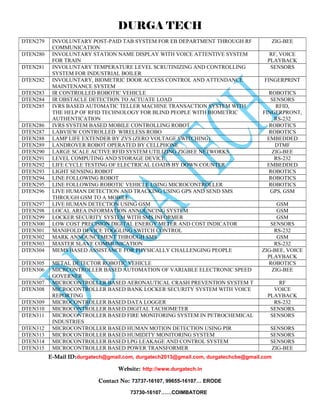 DURGA TECH 
DTEN279 INVOLUNTARY POST-PAID TAB SYSTEM FOR EB DEPARTMENT THROUGH RF 
COMMUNICATION 
ZIG-BEE 
DTEN280 INVOLUNTARY STATION NAME DISPLAY WITH VOICE ATTENTIVE SYSTEM 
FOR TRAIN 
RF, VOICE 
PLAYBACK 
DTEN281 INVOLUNTARY TEMPERATURE LEVEL SCRUTINIZING AND CONTROLLING 
SYSTEM FOR INDUSTRIAL BOILER 
SENSORS 
DTEN282 INVOLUNTARY, BIOMETRIC DOOR ACCESS CONTROL AND ATTENDANCE 
MAINTENANCE SYSTEM 
FINGERPRINT 
DTEN283 IR CONTROLLED ROBOTIC VEHICLE ROBOTICS 
DTEN284 IR OBSTACLE DETECTION TO ACTUATE LOAD SENSORS 
DTEN285 IVRS BASED AUTOMATIC TELLER MACHINE TRANSACTION SYSTEM WITH 
THE HELP OF RFID TECHNOLOGY FOR BLIND PEOPLE WITH BIOMETRIC 
AUTHENTICATION 
RFID, 
FINGERPRONT, 
RS-232 
DTEN286 IVRS SYSTEM BASED MOBILE CONTROLLING ROBOT ROBOTICS 
DTEN287 LABVIEW CONTROLLED WIRELESS ROBO ROBOTICS 
DTEN288 LAMP LIFE EXTENDER BY ZVS (ZERO VOLTAGE SWITCHING) EMBEDDED 
DTEN289 LANDROVER ROBOT OPERATED BY CELLPHONE DTMF 
DTEN290 LARGE SCALE ACTIVE RFID SYSTEM UTILIZING ZIGBEE NETWORKS ZIG-BEE 
DTEN291 LEVEL COMPUTING AND STORAGE DEVICE RS-232 
DTEN292 LIFE CYCLE TESTING OF ELECTRICAL LOADS BY DOWN COUNTER EMBEDDED 
DTEN293 LIGHT SENSING ROBOT ROBOTICS 
DTEN294 LINE FOLLOWING ROBOT ROBOTICS 
DTEN295 LINE FOLLOWING ROBOTIC VEHICLE USING MICROCONTROLLER ROBOTICS 
DTEN296 LIVE HUMAN DETECTION AND TRACKING USING GPS AND SEND SMS 
THROUGH GSM TO A MOBILE 
GPS, GSM 
DTEN297 LIVE HUMAN DETECTION USING GSM GSM 
DTEN298 LOCAL AREA INFORMATION ANNOUNCING SYSTEM GSM 
DTEN299 LOCKER SECURITY SYSTEM WITH SMS INFORMER GSM 
DTEN300 LOW COST PRECISION DIGITAL ENERGY METER AND COST INDICATOR SENSORS 
DTEN301 MANIFOLD DEVICE TOGGLING SWITCH CONTROL RS-232 
DTEN302 MARK ANNOUNCEMENT THROUGH SMS GSM 
DTEN303 MASTER SLAVE COMMUNICATION RS-232 
DTEN304 MEMS BASED ASSISTANCE FOR PHYSICALLY CHALLENGING PEOPLE ZIG-BEE, VOICE 
PLAYBACK 
DTEN305 METAL DETECTOR ROBOTIC VEHICLE ROBOTICS 
DTEN306 MICRCONTROLLER BASED AUTOMATION OF VARIABLE ELECTRONIC SPEED 
GOVERNER 
ZIG-BEE 
DTEN307 MICROCONTROLLER BASED AERONAUTICAL CRASH PREVENTION SYSTEM T RF 
DTEN308 MICROCONTROLLER BASED BANK LOCKER SECURITY SYSTEM WITH VOICE 
REPORTING 
VOICE 
PLAYBACK 
DTEN309 MICROCONTROLLER BASED DATA LOGGER RS-232 
DTEN310 MICROCONTROLLER BASED DIGITAL TACHOMETER SENSORS 
DTEN311 MICROCONTROLLER BASED FIRE MONITORING SYSTEM IN PETROCHEMICAL 
INDUSTRIES 
SENSORS 
DTEN312 MICROCONTROLLER BASED HUMAN MOTION DETECTION USING PIR SENSORS 
DTEN313 MICROCONTROLLER BASED HUMIDITY MONITORING SYSTEM SENSORS 
DTEN314 MICROCONTROLLER BASED LPG LEAKAGE AND CONTROL SYSTEM SENSORS 
DTEN315 MICROCONTROLLER BASED POWER TRANSFORMER ZIG-BEE 
E-Mail ID:durgatech@gmail.com, durgatech2013@gmail.com, durgatechcbe@gmail.com 
Website: http://www.durgatech.in 
Contact No: 73737-16107, 99655-16107… ERODE 
73730-16107……COIMBATORE 
 