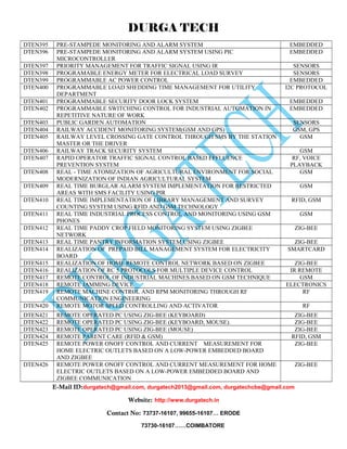 DURGA TECH 
DTEN395 PRE-STAMPEDE MONITORING AND ALARM SYSTEM EMBEDDED 
DTEN396 PRE-STAMPEDE MONITORING AND ALARM SYSTEM USING PIC 
MICROCONTROLLER 
EMBEDDED 
DTEN397 PRIORITY MANAGEMENT FOR TRAFFIC SIGNAL USING IR SENSORS 
DTEN398 PROGRAMABLE ENERGY METER FOR ELECTRICAL LOAD SURVEY SENSORS 
DTEN399 PROGRAMMABLE AC POWER CONTROL EMBEDDED 
DTEN400 PROGRAMMABLE LOAD SHEDDING TIME MANAGEMENT FOR UTILITY 
DEPARTMENT 
I2C PROTOCOL 
DTEN401 PROGRAMMABLE SECURITY DOOR LOCK SYSTEM EMBEDDED 
DTEN402 PROGRAMMABLE SWITCHING CONTROL FOR INDUSTRIAL AUTOMATION IN 
REPETITIVE NATURE OF WORK 
EMBEDDED 
DTEN403 PUBLIC GARDEN AUTOMATION SENSORS 
DTEN404 RAILWAY ACCIDENT MONITORING SYSTEM(GSM AND GPS) GSM, GPS 
DTEN405 RAILWAY LEVEL CROSSING GATE CONTROL THROUGH SMS BY THE STATION 
MASTER OR THE DRIVER 
GSM 
DTEN406 RAILWAY TRACK SECURITY SYSTEM GSM 
DTEN407 RAPID OPERATOR TRAFFIC SIGNAL CONTROL BASED EFFLUENCE 
PREVENTION SYSTEM 
RF, VOICE 
PLAYBACK 
DTEN408 REAL - TIME ATOMIZATION OF AGRICULTURAL ENVIRONMENT FOR SOCIAL 
MODERNIZATION OF INDIAN AGRICULTURAL SYSTEM 
GSM 
DTEN409 REAL TIME BURGLAR ALARM SYSTEM IMPLEMENTATION FOR RESTRICTED 
AREAS WITH SMS FACILITY USING PIR 
GSM 
DTEN410 REAL TIME IMPLEMENTATION OF LIBRARY MANAGEMENT AND SURVEY 
COUNTING SYSTEM USING RFID AND GSM TECHNOLOGY 
RFID, GSM 
DTEN411 REAL TIME INDUSTRIAL PROCESS CONTROL AND MONITORING USING GSM 
PHONES 
GSM 
DTEN412 REAL TIME PADDY CROP FIELD MONITORING SYSTEM USING ZIGBEE 
NETWORK 
ZIG-BEE 
DTEN413 REAL TIME PANTRY INFORMATION SYSTEM USING ZIGBEE ZIG-BEE 
DTEN414 REALIZATION OF PREPAID BILL MANAGEMENT SYSTEM FOR ELECTRICITY 
BOARD 
SMARTCARD 
DTEN415 REALIZATION OF HOME REMOTE CONTROL NETWORK BASED ON ZIGBEE ZIG-BEE 
DTEN416 REALIZATION OF RC 5 PROTOCOLS FOR MULTIPLE DEVICE CONTROL IR REMOTE 
DTEN417 REMOTE CONTROL OF INDUSTRIAL MACHINES BASED ON GSM TECHNIQUE GSM 
DTEN418 REMOTE JAMMING DEVICE ELECTRONICS 
DTEN419 REMOTE MACHINE CONTROL AND RPM MONITORING THROUGH RF 
COMMUNICATION ENGINEERING 
RF 
DTEN420 REMOTE MOTOR SPEED CONTROLLING AND ACTIVATOR RF 
DTEN421 REMOTE OPERATED PC USING ZIG-BEE (KEYBOARD) ZIG-BEE 
DTEN422 REMOTE OPERATED PC USING ZIG-BEE (KEYBOARD, MOUSE). ZIG-BEE 
DTEN423 REMOTE OPERATED PC USING ZIG-BEE (MOUSE) ZIG-BEE 
DTEN424 REMOTE PARENT CARE (RFID & GSM) RFID, GSM 
DTEN425 REMOTE POWER ONOFF CONTROL AND CURRENT MEASUREMENT FOR 
HOME ELECTRIC OUTLETS BASED ON A LOW-POWER EMBEDDED BOARD 
AND ZIGBEE 
ZIG-BEE 
DTEN426 REMOTE POWER ONOFF CONTROL AND CURRENT MEASUREMENT FOR HOME 
ELECTRIC OUTLETS BASED ON A LOW-POWER EMBEDDED BOARD AND 
ZIGBEE COMMUNICATION 
ZIG-BEE 
E-Mail ID:durgatech@gmail.com, durgatech2013@gmail.com, durgatechcbe@gmail.com 
Website: http://www.durgatech.in 
Contact No: 73737-16107, 99655-16107… ERODE 
73730-16107……COIMBATORE 
 