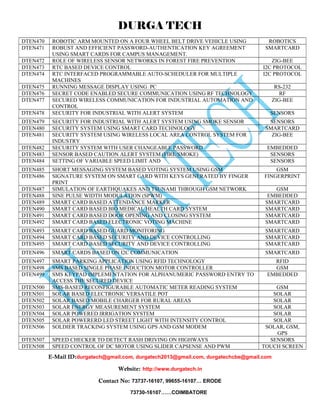 DURGA TECH 
DTEN470 ROBOTIC ARM MOUNTED ON A FOUR WHEEL BELT DRIVE VEHICLE USING ROBOTICS 
DTEN471 ROBUST AND EFFICIENT PASSWORD-AUTHENTICATION KEY AGREEMENT 
USING SMART CARDS FOR CAMPUS MANAGEMENT. 
SMARTCARD 
DTEN472 ROLE OF WIRELESS SENSOR NETWORKS IN FOREST FIRE PREVENTION ZIG-BEE 
DTEN473 RTC BASED DEVICE CONTROL I2C PROTOCOL 
DTEN474 RTC INTERFACED PROGRAMMABLE AUTO-SCHEDULER FOR MULTIPLE 
MACHINES 
I2C PROTOCOL 
DTEN475 RUNNING MESSAGE DISPLAY USING PC RS-232 
DTEN476 SECRET CODE ENABLED SECURE COMMUNICATION USING RF TECHNOLOGY RF 
DTEN477 SECURED WIRELESS COMMUNICATION FOR INDUSTRIAL AUTOMATION AND 
CONTROL 
ZIG-BEE 
DTEN478 SECURITY FOR INDUSTRIAL WITH ALERT SYSTEM SENSORS 
DTEN479 SECURITY FOR INDUSTRIAL WITH ALERT SYSTEM USING SMOKE SENSOR SENSORS 
DTEN480 SECURITY SYSTEM USING SMART CARD TECHNOLOGY SMARTCARD 
DTEN481 SECURITY SYSTEM USING WIRELESS LOCAL AREA CONTROL SYSTEM FOR 
INDUSTRY 
ZIG-BEE 
DTEN482 SECURITY SYSTEM WITH USER CHANGEABLE PASSWORD EMBEDDED 
DTEN483 SENSOR BASED CAUTION ALERT SYSTEM (FIRE/SMOKE) SENSORS 
DTEN484 SETTING OF VARIABLE SPEED LIMIT AND SENSORS 
DTEN485 SHORT MESSAGING SYSTEM BASED VOTING SYSTEM USING GSM GSM 
DTEN486 SIGNATURE SYSTEM ON SMART CARD WITH KEYS GENERATED BY FINGER 
PRINT 
FINGERPRINT 
DTEN487 SIMULATION OF EARTHQUAKES AND TSUNAMI THROUGH GSM NETWORK GSM 
DTEN488 SINE PULSE WIDTH MODULATION (SPWM) EMBEDDED 
DTEN489 SMART CARD BASED ATTENDANCE MARKER SMARTCARD 
DTEN490 SMART CARD BASED BIO MEDICAL HEALTH CARD SYSTEM SMARTCARD 
DTEN491 SMART CARD BASED DOOR OPENING AND CLOSING SYSTEM SMARTCARD 
DTEN492 SMART CARD BASED ELECTRONIC VOTING MACHINE SMARTCARD 
DTEN493 SMART CARD BASED GUARD MONITORING SMARTCARD 
DTEN494 SMART CARD BASED SECURITY AND DEVICE CONTROLLING SMARTCARD 
DTEN495 SMART CARD BASED SECURITY AND DEVICE CONTROLLING SMARTCARD 
DTEN496 SMART CARDS BASED ON I2C COMMUNICATION SMARTCARD 
DTEN497 SMART PARKING APPLICATION USING RFID TECHNOLOGY RFID 
DTEN498 SMS BASED SINGLE PHASE INDUCTION MOTOR CONTROLLER GSM 
DTEN499 SMS KEYPAD IMPLEMENTATION FOR ALPHANUMERIC PASSWORD ENTRY TO 
ACCESS THE SECURED DEVICE 
EMBEDDED 
DTEN500 SMS-BASED RECONFIGURABLE AUTOMATIC METER READING SYSTEM GSM 
DTEN501 SOLAR BASED ELECTRONIC VERSATILE POT SOLAR 
DTEN502 SOLAR BASED MOBILE CHARGER FOR RURAL AREAS SOLAR 
DTEN503 SOLAR ENERGY MEASUREMENT SYSTEM SOLAR 
DTEN504 SOLAR POWERED IRRIGATION SYSTEM SOLAR 
DTEN505 SOLAR POWERERD LED STREET LIGHT WITH INTENSITY CONTROL SOLAR 
DTEN506 SOLDIER TRACKING SYSTEM USING GPS AND GSM MODEM SOLAR, GSM, 
GPS 
DTEN507 SPEED CHECKER TO DETECT RASH DRIVING ON HIGHWAYS SENSORS 
DTEN508 SPEED CONTROL OF DC MOTOR USING SLIDER CAPSENSE AND PWM TOUCH SCREEN 
E-Mail ID:durgatech@gmail.com, durgatech2013@gmail.com, durgatechcbe@gmail.com 
Website: http://www.durgatech.in 
Contact No: 73737-16107, 99655-16107… ERODE 
73730-16107……COIMBATORE 
 