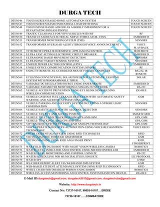 DURGA TECH 
DTEN546 TOUCH SCREEN BASED HOME AUTOMATION SYSTEM TOUCH SCREEN 
DTEN547 TOUCH SCREEN BASED INDUSTRIAL LOAD SWITCHING TOUCH SCREEN 
DTEN548 TOUCH SENSE BASED AID FOR AS A BODILY IMPAIRMENT OR A 
DEVASTATING DISEASE PEOPLE 
TOUCH SCREEN 
DTEN549 TRAFFIC CLEARANCE FOR VIP'S VEHICLES WITH RF RF 
DTEN550 TRANSCUTANEOUS ELECTRICAL NERVE STIMULATOR- TENS EMBEDDED 
DTEN551 TRANSFORMER MONITORING SYSTEM (TMS) SENSORS 
DTEN552 TRANSFORMER OVERLOAD ALERT (THROUGH VOICE ANNOUNCEMENT) VOICE 
PLAYBACK 
DTEN553 TV REMOTE OPERATED DOMESTIC APPLIANCES CONTROL IR REMOTE 
DTEN554 ULTRA FAST ACTING ELECTRONIC CIRCUIT BREAKER EMBEDDED 
DTEN555 ULTRASONIC BASED MOVEMENT DETECTION SENSORS 
DTEN556 ULTRASONIC TARGET SENSING SYSTEM SENSORS 
DTEN557 UNIFIED POWER FACTOR CONTROL (UPFC) EMBEDDED 
DTEN558 UNIQUE OFFICE COMMUNICATION SYSTEM USING RF RF 
DTEN559 USING TV REMOTE AS A CORDLESS MOUSE FOR THE COMPUTER RS-232, IR 
REMOTE 
DTEN560 UTILIZING CONVENTIONAL SOLAR POWER FOR AUTOMATIC LIGHTING 
SYSTEM WITH PROGRAMMABLE TIMER 
SOLAR 
DTEN561 VARIABLE DC REGULATOR SOURCE USING PAPER MOUSE EMBEDDED 
DTEN562 VARIABLE PARAMETER MONITORING USING RS 232 NETWORK RS-232 
DTEN563 VEHICLE ACCIDENT PREVENTION USING EYE BLINK SENSOR USING 
WIRELESS COMMUNICATION 
ZIG-BEE 
DTEN564 VEHICLE GASEOUS FUEL LEAKAGE DETECTION WITH AUTOMATIC SAFETY 
WARNING AND ALERTING SYSTEM USING GSM 
GSM 
DTEN565 VEHICLE PARKING AND SECURITY SYSTEM INCLUDING A STROBE LIGHT 
CONFIRMATION 
SENSORS 
DTEN566 VEHICLE SAFETY SYSTEM WITH ALCOHOL DETECTOR SENSORS 
DTEN567 VEHICLE TAX PAY AND ACCESS SYSTEM SMARTCARD 
DTEN568 VEHICLE THEFT AND TRACKING USING GPS AND GSM GPS, GSM 
DTEN569 VEHICLE TRACKING USING GPS AND GSM GPS, GSM 
DTEN570 VIP TRACKING SYSTEM BY USING GSM AND GPS TECHNOLOGY GPS, GSM 
DTEN571 VOICE-OPERATED-INDUSTRY-AUTOMATION-USING-VOICE-RECOGNITION-TECHNOLOGY 
VOICE RECO 
DTEN572 VOTER CREDENTIALS SYSTEM USING RFID TECHNIQUES RFID 
DTEN573 VOTING MACHINE THROUGH GSM MODEM GSM 
DTEN574 VOTING MACHINE USING RFID ANG FINGER PRINT RFID, 
FINGERPRINT 
DTEN575 WAR FIELD SPYING ROBOT WITH NIGHT VISION WIRELESS CAMERA ROBOTICS 
DTEN576 WATER LEVEL INDICATOR AND CONTROL USING MICROCONTROLLER EMBEDDED 
DTEN577 WATER LEVEL MONITORING AND CONTROL USING PC RS-232 
DTEN578 WATER SCHEDULING FOR MUNICIPALITIES USING RTC I2C PROTOCOL 
DTEN579 WATER SPY DTMF 
DTEN580 WEATHER REPORT ALERT VIA WEB BASED SMS SYSTEM GSM 
DTEN581 WEB-BASED STUDENT ATTENDANCE SYSTEM USING RFID TECHNOLOGY RFID 
DTEN582 WHEEL CHAIR FOR DISABLED PERSON USING ROBOT ROBOTICS 
DTEN583 WIRELESS ACCESS MONITORING AND CONTROL SYSTEM BASED ON DIGITAL ZIG-BEE 
E-Mail ID:durgatech@gmail.com, durgatech2013@gmail.com, durgatechcbe@gmail.com 
Website: http://www.durgatech.in 
Contact No: 73737-16107, 99655-16107… ERODE 
73730-16107……COIMBATORE 
 
