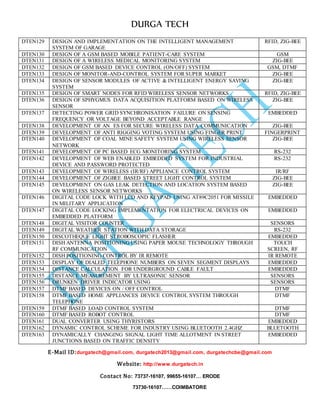 DURGA TECH 
DTEN129 DES IGN AND IMPLEMENTATION ON THE INTELLIGENT MANAGEMENT 
E-Mail ID:durgatech@gmail.com, durgatech2013@gmail.com, durgatechcbe@gmail.com 
Website: http://www.durgatech.in 
Contact No: 73737-16107, 99655-16107… ERODE 
73730-16107……COIMBATORE 
SYSTEM OF GARAGE 
RFID, ZIG-BEE 
DTEN130 DES IGN OF A GSM BASED MOBILE PATIENT-CARE SYSTEM GSM 
DTEN131 DES IGN OF A WIRELESS MEDICAL MONITORING SYSTEM ZIG-BEE 
DTEN132 DES IGN OF GSM BASED DEVICE CONTROL (ON/OFF) SYSTEM GSM, DTMF 
DTEN133 DES IGN OF MONITOR-AND-CONTROL SYSTEM FOR SUPER MARKET ZIG-BEE 
DTEN134 DES IGN OF SENSOR MODULES OF ACTIVE & INTELLIGENT ENERGY SAVING 
SYSTEM 
ZIG-BEE 
DTEN135 DES IGN OF SMART NODES FOR RFID WIRELESS SENSOR NETWORKS RFID, ZIG-BEE 
DTEN136 DES IGN OF SPHYGMUS DATA ACQUISITION PLATFORM BASED ON WIRELESS 
SENSOR 
ZIG-BEE 
DTEN137 DET ECTING POWER GRID SYNCHRONISATION FAILURE ON SENSING 
FREQUENCY OR VOLTAGE BEYOND ACCEPTABLE RANGE 
EMBEDDED 
DTEN138 DEV ELOPMENT OF AN ES FOR SECURE WIRELESS DATA COMMUNICATION ZIG-BEE 
DTEN139 DEV ELOPMENT OF ANTI RIGGING VOTING SYSTEM USING FINGER PRINT FINGERPRINT 
DTEN140 DEV ELOPMENT OF COAL MINE SAFETY SYSTEM USING WIRELESS SENSOR 
NETWORK 
ZIG-BEE 
DTEN141 DEV ELOPMENT OF PC BASED ECG MONITORING SYSTEM RS-232 
DTEN142 DEV ELOPMENT OF WEB ENABLED EMBEDDED SYSTEM FOR INDUSTRIAL 
DEVICE AND PASSWORD PROTECTED 
RS-232 
DTEN143 DEV ELOPMENT OF WIRELESS (IR/RF) APPLIANCE CONTROL SYSTEM IR/RF 
DTEN144 DEV ELOPMENT OF ZIGBEE BASED STREET LIGHT CONTROL SYSTEM ZIG-BEE 
DTEN145 DEV ELOPMENT ON GAS LEAK DETECTION AND LOCATION SYSTEM BASED 
ON WIRELESS SENSOR NETWORKS 
ZIG-BEE 
DTEN146 DIG ITAL CODE LOCK WITH LCD AND KEYPAD USING AT89C2051 FOR MISSILE 
IN MILITARY APPLICATION 
EMBEDDED 
DTEN147 DIG ITAL CODE LOCKING IMPLEMENTATION FOR ELECTRICAL DEVICES ON 
EMBEDDED PLATFORM 
EMBEDDED 
DTEN148 DIG ITAL VISITOR COUNTER SENSORS 
DTEN149 DIG ITAL WEATHER STATION WITH DATA STORAGE RS-232 
DTEN150 DIS COTHEQUE LIGHT STROBOSCOPIC FLASHER EMBEDDED 
DTEN151 DIS H ANTENNA POSITIONING USING PAPER MOUSE TECHNOLOGY THROUGH 
RF COMMUNICATION 
TOUCH 
SCREEN, RF 
DTEN152 DIS H POSITIONING CONTROL BY IR REMOTE IR REMOTE 
DTEN153 DIS PLAY OF DIALED TELEPHONE NUMBERS ON SEVEN SEGMENT DISPLAYS EMBEDDED 
DTEN154 DIS TANCE CALCULATION FOR UNDERGROUND CABLE FAULT EMBEDDED 
DTEN155 DIS TANCE MEASUREMENT BY ULTRASONIC SENSOR SENSORS 
DTEN156 DR UNKEN DRIVER INDICATOR USING SENSORS 
DTEN157 DT MF BASED DEVICES ON / OFF CONTROL DTMF 
DTEN158 DT MF BASED HOME APPLIANCES DEVICE CONTROL SYSTEM THROUGH 
TELEPHONE 
DTMF 
DTEN159 DT MF BASED LOAD CONTROL SYSTEM DTMF 
DTEN160 DT MF BASED ROBOT CONTROL DTMF 
DTEN161 DU AL CONVERTER USING THYRISTORS EMBEDDED 
DTEN162 DY NAMIC CONTROL SCHEME FOR INDUSTRY USING BLUETOOTH 2.4GHZ BLUETOOTH 
DTEN163 DY NAMICALLY CHANGING SIGNAL LIGHT TIME ALLOTMENT IN STREET 
JUNCTIONS BASED ON TRAFFIC DENSITY 
EMBEDDED 
 