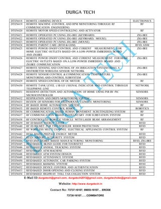 DURGA TECH 
DTEN418 REM OTE JAMMING DEVICE ELECTRONICS 
DTEN419 REM OTE MACHINE CONTROL AND RPM MONITORING THROUGH RF 
COMMUNICATION ENGINEERING 
E-Mail ID:durgatech@gmail.com, durgatech2013@gmail.com, durgatechcbe@gmail.com 
Website: http://www.durgatech.in 
Contact No: 73737-16107, 99655-16107… ERODE 
73730-16107……COIMBATORE 
RF 
DTEN420 REM OTE MOTOR SPEED CONTROLLING AND ACTIVATOR RF 
DTEN421 REM OTE OPERATED PC USING ZIG-BEE (KEYBOARD) ZIG-BEE 
DTEN422 REM OTE OPERATED PC USING ZIG-BEE (KEYBOARD, MOUSE). ZIG-BEE 
DTEN423 REM OTE OPERATED PC USING ZIG-BEE (MOUSE) ZIG-BEE 
DTEN424 REM OTE PARENT CARE (RFID & GSM) RFID, GSM 
DTEN425 REM OTE POWER ONOFF CONTROL AND CURRENT MEASUREMENT FOR 
HOME ELECTRIC OUTLETS BASED ON A LOW-POWER EMBEDDED BOARD 
AND ZIGBEE 
ZIG-BEE 
DTEN426 REM OTE POWER ONOFF CONTROL AND CURRENT MEASUREMENT FOR HOME 
ELECTRIC OUTLETS BASED ON A LOW-POWER EMBEDDED BOARD AND 
ZIGBEE COMMUNICATION 
ZIG-BEE 
DTEN427 REM OTE SENSING AND CONTROL OF AN IRRIGATION SYSTEM USING A 
DISTRIBUTED WIRELESS SENSOR NETWORK 
ZIG-BEE 
DTEN428 REM OTE SENSOR CONTROL & COMMUNICATION TEMPERATURE 
MONITORING AND CONTROL SUBSYSTEM 
ZIG-BEE 
DTEN429 REM OTE SPEED CONTROL OF DC MOTOR RF 
DTEN430 REM OTE TANK LEVEL ( HI-LO ) SIGNAL INDICATOR AND CONTROL THROUGH 
TELEPHONE LINE 
NETWORK 
DTEN431 RES IDENT-DETECTION AND AUTOMATION OF HOME USING PIR BY PIC 
MICROCONTROLLER 
SENSORS 
DTEN432 RES PIRATION AND DRIPS MONITORING SYSTEM SENSORS 
DTEN433 REV IEW OF SENSORS FOR GREENHOUSE CLIMATE MONITORING SENSORS 
DTEN434 RF BASED HOME AUTOMATION SYSTEM RF 
DTEN435 RF BASED REMOTE CONTROL ROBOT ROBOTICS 
DTEN436 RF COMMUNICATION BASED HUMAN MOVEMENT SCRUTINIZEING SYSTEM RF 
DTEN437 RF COMMUNICATION BASED INVOLUNTARY FOR SUBSTATION SYSTEM RF 
DTEN438 RF CONTROLLED ROBOTIC VEHICLE WITH LASER BEAM ARRANGEMENT RF 
DTEN439 RF ID BASED ENERGY SAVER RFID 
DTEN440 RF ID HELMET FOR TWO WHEELER RIDER PROTECTION RFID 
DTEN441 RF WIRELESS MULTI CHANNEL ELECTRICAL APPLIANCES CONTROL SYSTEM RF 
DTEN442 RFI D BASED PREPAID ENERGY METER RFID 
DTEN443 RFI D- AIRPORT AUTHORITY SYSTEM RFID 
DTEN444 RFI D AND ZIGBEE BASED MANUFACTURING MONITORING RFID, ZIG-BEE 
DTEN445 RFI D BASED BLIND GUIDE FOR TOURISTST RFID 
DTEN446 RFI D BASED ANIMAL TRACKING SYSTEM RFID 
DTEN447 RFI D BASED ATM MACHINE RFID 
DTEN448 RFI D BASED ATM SYSTEM DESIGN RFID 
DTEN449 RFI D BASED ATTENDANCE SYSTEM RFID 
DTEN450 RFI D BASED AUTOMATIC CAR PARKING SYSTEM RFID 
DTEN451 RFI D BASED BANKING SYSTEM RFID 
DTEN452 RFI D BASED DEVICE CONTROL AND AUTHENTICATION RFID 
DTEN453 RFI D BASED DOOR OPENING AND CLOSING SYSTEM RFID 
DTEN454 RFI D BASED HIGHWAY TOLL TAX COLLECTION SYSTEM RFID 
 