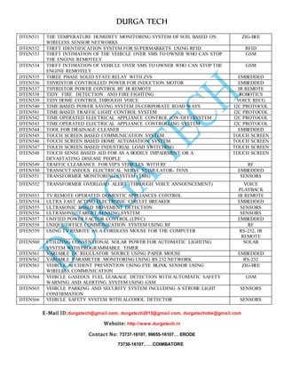 DURGA TECH 
DTEN531 THE TEMPERATURE HUMIDITY MONITORING SYSTEM OF SOIL BASED ON 
E-Mail ID:durgatech@gmail.com, durgatech2013@gmail.com, durgatechcbe@gmail.com 
Website: http://www.durgatech.in 
Contact No: 73737-16107, 99655-16107… ERODE 
73730-16107……COIMBATORE 
WIRELESS SENSOR NETWORKS 
ZIG-BEE 
DTEN532 THE FT IDENTIFICATION SYSTEM FOR SUPERMARKETS USING RFID RFID 
DTEN533 THE FT INTIMATION OF THE VEHICLE OVER SMS TO OWNER WHO CAN STOP 
THE ENGINE REMOTELY 
GSM 
DTEN534 THE FT INTIMATION OF VEHICLE OVER SMS TO OWNER WHO CAN STOP THE 
ENGINE REMOTELY 
GSM 
DTEN535 THR EE PHASE SOLID STATE RELAY WITH ZVS EMBEDDED 
DTEN536 THY RISTOR CONTROLLED POWER FOR INDUCTION MOTOR EMBEDDED 
DTEN537 THY RISTOR POWER CONTROL BY IR REMOTE IR REMOTE 
DTEN538 TID Y FIRE DETECTION AND FIRE FIGHTING ROBOTICS 
DTEN539 TID Y HOME CONTROL THROUGH VOICE VOICE RECG 
DTEN540 TIM E BASED POWER SAVING SYSTEM IN CORPORATE ROAD WAYS I2C PROTOCOL 
DTEN541 TIM E BASED TRAFFIC LIGHT CONTROL SYSTEM I2C PROTOCOL 
DTEN542 TIM E OPERATED ELECTRICAL APPLIANCE CONTROL (ON /OFF) SYSTEM I2C PROTOCOL 
DTEN543 TIM E OPERATED ELECTRICAL APPLIANCE CONTROLLING SYSTEM I2C PROTOCOL 
DTEN544 TO OL FOR DRAINAGE CLEANER EMBEDDED 
DTEN545 TO UCH SCREEN BASED COMMUNICATION SYSTEM TOUCH SCREEN 
DTEN546 TO UCH SCREEN BASED HOME AUTOMATION SYSTEM TOUCH SCREEN 
DTEN547 TO UCH SCREEN BASED INDUSTRIAL LOAD SWITCHING TOUCH SCREEN 
DTEN548 TO UCH SENSE BASED AID FOR AS A BODILY IMPAIRMENT OR A 
DEVASTATING DISEASE PEOPLE 
TOUCH SCREEN 
DTEN549 TRA FFIC CLEARANCE FOR VIP'S VEHICLES WITH RF RF 
DTEN550 TRA NSCUTANEOUS ELECTRICAL NERVE STIMULATOR- TENS EMBEDDED 
DTEN551 TRA NSFORMER MONITORING SYSTEM (TMS) SENSORS 
DTEN552 TRA NSFORMER OVERLOAD ALERT (THROUGH VOICE ANNOUNCEMENT) VOICE 
PLAYBACK 
DTEN553 TV REMOTE OPERATED DOMESTIC APPLIANCES CONTROL IR REMOTE 
DTEN554 ULT RA FAST ACTING ELECTRONIC CIRCUIT BREAKER EMBEDDED 
DTEN555 ULT RASONIC BASED MOVEMENT DETECTION SENSORS 
DTEN556 ULT RASONIC TARGET SENSING SYSTEM SENSORS 
DTEN557 UN IFIED POWER FACTOR CONTROL (UPFC) EMBEDDED 
DTEN558 UN IQUE OFFICE COMMUNICATION SYSTEM USING RF RF 
DTEN559 USI NG TV REMOTE AS A CORDLESS MOUSE FOR THE COMPUTER RS-232, IR 
REMOTE 
DTEN560 UTI LIZING CONVENTIONAL SOLAR POWER FOR AUTOMATIC LIGHTING 
SYSTEM WITH PROGRAMMABLE TIMER 
SOLAR 
DTEN561 VAR IABLE DC REGULATOR SOURCE USING PAPER MOUSE EMBEDDED 
DTEN562 VAR IABLE PARAMETER MONITORING USING RS 232 NETWORK RS-232 
DTEN563 VEH ICLE ACCIDENT PREVENTION USING EYE BLINK SENSOR USING 
WIRELESS COMMUNICATION 
ZIG-BEE 
DTEN564 VEH ICLE GASEOUS FUEL LEAKAGE DETECTION WITH AUTOMATIC SAFETY 
WARNING AND ALERTING SYSTEM USING GSM 
GSM 
DTEN565 VEH ICLE PARKING AND SECURITY SYSTEM INCLUDING A STROBE LIGHT 
CONFIRMATION 
SENSORS 
DTEN566 VEH ICLE SAFETY SYSTEM WITH ALCOHOL DETECTOR SENSORS 
 