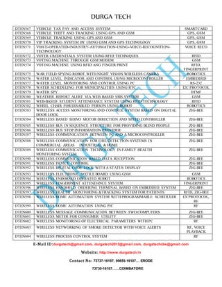 DURGA TECH 
DTEN567 VEH ICLE TAX PAY AND ACCESS SYSTEM SMARTCARD 
DTEN568 VEH ICLE THEFT AND TRACKING USING GPS AND GSM GPS, GSM 
DTEN569 VEH ICLE TRACKING USING GPS AND GSM GPS, GSM 
DTEN570 VIP TRACKING SYSTEM BY USING GSM AND GPS TECHNOLOGY GPS, GSM 
DTEN571 VO ICE-OPERATED-INDUSTRY-AUTOMATION-USING-VOICE-RECOGNITION-TECHNOLOGY 
VOICE RECO 
DTEN572 VO TER CREDENTIALS SYSTEM USING RFID TECHNIQUES RFID 
DTEN573 VO TING MACHINE THROUGH GSM MODEM GSM 
DTEN574 VO TING MACHINE USING RFID ANG FINGER PRINT RFID, 
E-Mail ID:durgatech@gmail.com, durgatech2013@gmail.com, durgatechcbe@gmail.com 
Website: http://www.durgatech.in 
Contact No: 73737-16107, 99655-16107… ERODE 
73730-16107……COIMBATORE 
FINGERPRINT 
DTEN575 WA R FIELD SPYING ROBOT WITH NIGHT VISION WIRELESS CAMERA ROBOTICS 
DTEN576 WA TER LEVEL INDICATOR AND CONTROL USING MICROCONTROLLER EMBEDDED 
DTEN577 WA TER LEVEL MONITORING AND CONTROL USING PC RS-232 
DTEN578 WA TER SCHEDULING FOR MUNICIPALITIES USING RTC I2C PROTOCOL 
DTEN579 WA TER SPY DTMF 
DTEN580 WE ATHER REPORT ALERT VIA WEB BASED SMS SYSTEM GSM 
DTEN581 WE B-BASED STUDENT ATTENDANCE SYSTEM USING RFID TECHNOLOGY RFID 
DTEN582 WH EEL CHAIR FOR DISABLED PERSON USING ROBOT ROBOTICS 
DTEN583 WIR ELESS ACCESS MONITORING AND CONTROL SYSTEM BASED ON DIGITAL 
DOOR LOCK 
ZIG-BEE 
DTEN584 WIR ELESS BASED SERVO MOTOR DIRECTION AND SPEED CONTROLLER ZIG-BEE 
DTEN585 WIR ELESS BUS IN SEQUENCE STRUCTURE FOR PROVIDING BLIND PEOPLE ZIG-BEE 
DTEN586 WIR ELESS BUS STOP INFORMATION PROVIDER ZIG-BEE 
DTEN587 WIR ELESS COMMUNICATION BETWEEN PC AND A MICROCONTROLLER ZIG-BEE 
DTEN588 WIR ELESS COMMUNICATION FOR FIRE DETECTION SYSTEMS IN 
COMMERCIAL AREAS INDUSTRIAL & HOME 
ZIG-BEE 
DTEN589 WIR ELESS COMMUNICATION TECHNOLOGY IN FAMILY HEALTH 
MONITORING SYSTEM 
ZIG-BEE 
DTEN590 WIR ELESS COMMUNICATON BASED DATA RECEPTION ZIG-BEE 
DTEN591 WIR ELESS DEVICE CONTROL ZIG-BEE 
DTEN592 WIR ELESS DIGITAL CODE LOCK WITH A STATUS DISPLAY ZIG-BEE 
DTEN593 WIR ELESS ELECTRONIC NOTICE BOARD USING GSM GSM 
DTEN594 WIR ELESS ENDORSED OPERATED ROBOT ROBOTICS 
DTEN595 WIR ELESS FINGERPRINT ATTENDANCE SYSTEM FINGERPRINT 
DTEN596 WIR ELESS HANDHELD ORDERING TERMINAL BASED ON EMBEDDED SYSTEM ZIG-BEE 
DTEN597 WIR ELESS HEALTH MONITORING &TRACKING SYSTEM FOR PATIENTS RFID, ZIG-BEE 
DTEN598 WIR ELESS HOME AUTOMATION SYSTEM WITH PROGRAMMABLE SCHEDULER I2CPROTOCOL, 
RF 
DTEN599 WIR ELESS HOME AUTOMATION USING PIC RF 
DTEN600 WIR ELESS MESSAGE COMMUNICATION BETWEEN TWO COMPUTERS ZIG-BEE 
DTEN601 WIR ELESS METER FOR CONSUMER UTILITY ZIG-BEE 
DTEN602 WIR ELESS MONITORING OF ELECTRICAL PARAMETERS WITH PC RF 
DTEN603 WIR ELESS NETWORKING OF SMOKE DETECTOR WITH VOICE ALERTS RF, VOICE 
PLAYBACK 
DTEN604 WIR ELESS PROCESS CONTROL SYSTEM RF 
 
