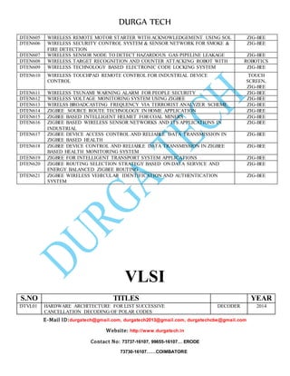 DURGA TECH 
DTEN605 WI RELESS REMOTE MOTOR STARTER WITH ACKNOWLEDGEMENT USING SOL ZIG-BEE 
DTEN606 WIR ELESS SECURITY CONTROL SYSTEM & SENSOR NETWORK FOR SMOKE & 
E-Mail ID:durgatech@gmail.com, durgatech2013@gmail.com, durgatechcbe@gmail.com 
Website: http://www.durgatech.in 
Contact No: 73737-16107, 99655-16107… ERODE 
73730-16107……COIMBATORE 
FIRE DETECTION 
ZIG-BEE 
DTEN607 WIR ELESS SENSOR NODE TO DETECT HAZARDOUS GAS PIPELINE LEAKAGE ZIG-BEE 
DTEN608 WIR ELESS TARGET RECOGNITION AND COUNTER ATTACKING ROBOT WITH ROBOTICS 
DTEN609 WIR ELESS TECHNOLOGY BASED ELECTRONIC CODE LOCKING SYSTEM ZIG-BEE 
DTEN610 WIR ELESS TOUCHPAD REMOTE CONTROL FOR INDUSTRIAL DEVICE 
CONTROL 
TOUCH 
SCREEN, 
ZIG-BEE 
DTEN611 WIR ELESS TSUNAMI WARNING ALARM FOR PEOPLE SECURITY ZIG-BEE 
DTEN612 WIR ELESS VOLTAGE MONITORING SYSTEM USING ZIGBEE ZIG-BEE 
DTEN613 WIR ELSS BROADCASTING FREQUENCY VIA TERRORIST ANALYZER SCHEME ZIG-BEE 
DTEN614 ZIG BEE SOURCE ROUTE TECHNOLOGY IN HOME APPLICATION ZIG-BEE 
DTEN615 ZIG BEE BASED INTELLIGENT HELMET FOR COAL MINERS ZIG-BEE 
DTEN616 ZIG BEE BASED WIRELESS SENSOR NETWORKS AND ITS APPLICATIONS IN 
INDUSTRIAL 
ZIG-BEE 
DTEN617 ZIG BEE DEVICE ACCESS CONTROL AND RELIABLE DATA TRANSMISSION IN 
ZIGBEE BASED HEALTH 
ZIG-BEE 
DTEN618 ZIG BEE DEVICE CONTROL AND RELIABLE DATA TRANSMISSION IN ZIGBEE 
BASED HEALTH MONITORING SYSTEM 
ZIG-BEE 
DTEN619 ZIG BEE FOR INTELLIGENT TRANSPORT SYSTEM APPLICATIONS ZIG-BEE 
DTEN620 ZIG BEE ROUTING SELECTION STRATEGY BASED ON DATA SERVICE AND 
ENERGY BALANCED ZIGBEE ROUTING 
ZIG-BEE 
DTEN621 ZIG BEE WIRELESS VEHICULAR IDENTIFICATION AND AUTHENTICATION 
SYSTEM 
ZIG-BEE 
VLSI 
S.NO TITLES YEAR 
DTVL01 HARD WARE ARCHITECTURE FOR LIST SUCCESSIVE 
CANCELLATION DECODING OF POLAR CODES 
DECODER 2014 
 