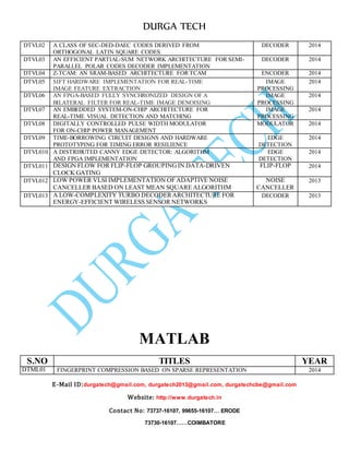 DURGA TECH 
DTVL02 A CL ASS OF SEC-DED-DAEC CODES DERIVED FROM 
ORTHOGONAL LATIN SQUARE CODES 
E-Mail ID:durgatech@gmail.com, durgatech2013@gmail.com, durgatechcbe@gmail.com 
Website: http://www.durgatech.in 
Contact No: 73737-16107, 99655-16107… ERODE 
73730-16107……COIMBATORE 
DECODER 2014 
DTVL03 AN E FFICIENT PARTIAL-SUM NETWORK ARCHITECTURE FOR SEMI-PARALLEL 
POLAR CODES DECODER IMPLEMENTATION 
DECODER 2014 
DTVL04 Z-TC AM: AN SRAM-BASED ARCHITECTURE FOR TCAM ENCODER 2014 
DTVL05 SIFT HARDWARE IMPLEMENTATION FOR REAL-TIME 
IMAGE FEATURE EXTRACTION 
IMAGE 
PROCESSING 
2014 
DTVL06 AN F PGA-BASED FULLY SYNCHRONIZED DESIGN OF A 
BILATERAL FILTER FOR REAL-TIME IMAGE DENOISING 
IMAGE 
PROCESSING 
2014 
DTVL07 AN E MBEDDED SYSTEM-ON-CHIP ARCHITECTURE FOR 
REAL-TIME VISUAL DETECTION AND MATCHING 
IMAGE 
PROCESSING 
2014 
DTVL08 DIGI TALLY CONTROLLED PULSE WIDTH MODULATOR 
FOR ON-CHIP POWER MANAGEMENT 
MODULATOR 2014 
DTVL09 TIME -BORROWING CIRCUIT DESIGNS AND HARDWARE 
PROTOTYPING FOR TIMING ERROR RESILIENCE 
EDGE 
DETECTION 
2014 
DTVL010 A DI STRIBUTED CANNY EDGE DETECTOR: ALGORITHM 
AND FPGA IMPLEMENTATION 
EDGE 
DETECTION 
2014 
DTVL011 DES IGN FLOW FOR FLIP-FLOP GROUPING IN DATA-DRIVEN 
CLOCK GATING 
FLIP-FLOP 2014 
DTVL012 LOW POWER VLSI IMPLEMENTATION OF ADAPTIVE NOISE 
CANCELLER BASED ON LEAST MEAN SQUARE ALGORITHM 
NOISE 
CANCELLER 
2013 
DTVL013 A LO W-COMPLEXITY TURBO DECODER ARCHITECTURE FOR 
ENERGY-EFFICIENT WIRELESS SENSOR NETWORKS 
DECODER 2013 
MATLAB 
S.NO TITLES YEAR 
DTML01 FIN GERPRINT COMPRESSION BASED ON SPARSE REPRESENTATION 2014 
 