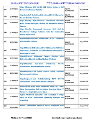 GLOBALSOFT TECHNOLOGIES www.GLOBALSOFTTECHNOLOGIES.ORG 
Mobile: (0) 9666155510 ieeefinalsemprojects@gmail.com 
137 GSTMPE1537 High Efficiency ZVS AC-DC LED Driver Using a Self Driven Synchronous Rectifier POWER ELECTRONICS 2014/MATLAB 138 GSTMPE1538 High Gain Soft-Switching Bidirectional DC–DC Converter for Eco-Friendly Vehicles POWER ELECTRONICS 2014/MATLAB 139 GSTMPE1539 High Step-Up High-Efficiency Interleaved Converter With Voltage Multiplier Module for Renewable Energy System POWER ELECTRONICS 2014/MATLAB 140 GSTMPE1540 High Step-Up Interleaved Converter With Built-In Transformer Voltage Multiplier Cells for Sustainable Energy Applications POWER ELECTRONICS 2014/MATLAB 141 GSTMPE1541 High-Conversion-Ratio Bidirectional DC–DC Converter With Coupled Inductor POWER ELECTRONICS 2014/MATLAB 142 GSTMPE1542 High-Efficiency Bidirectional DC–DC Converter With Low Circulating Current and ZVS Characteristic Throughout a Full Range of Loads POWER ELECTRONICS 2014/MATLAB 143 GSTMPE1543 High-Efficiency Bridgeless Flyback Rectifier with Bidirectional Switch and Dual Output Windings POWER ELECTRONICS 2014/MATLAB 144 GSTMPE1544 High-Efficiency Dual-Input Interleaved DC–DC Converter for Reversible Power Sources POWER ELECTRONICS 2014/MATLAB 145 GSTMPE1545 High-Frequency-Link (HFL) Inverter Using Combined Synchronous Rectifiers POWER ELECTRONICS 2014/MATLAB 146 GSTMPE1546 High-Frequency-Link Soft-Switching PWM DC–DC Converter for EV On-Board Battery Chargers POWER ELECTRONICS 2014/MATLAB 147 GSTMPE1547 High-Voltage Gain Boost Converter Based on Three- State Commutation Cell for Battery Charging Using PV Panels in a Single Conversion Stage POWER ELECTRONICS 2014/MATLAB 148 GSTMPE1548 Hybrid Multilevel Converter with Cascaded H-bridge Cells for HVDC Applications Operating Principle and Scalability POWER ELECTRONICS 2014/MATLAB 149 GSTMPE1549 Hybrid Transformer ZVS/ZCS DC-DC Converter with POWER 2014/MATLAB  