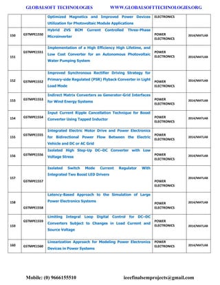 GLOBALSOFT TECHNOLOGIES www.GLOBALSOFTTECHNOLOGIES.ORG 
Mobile: (0) 9666155510 ieeefinalsemprojects@gmail.com 
Optimized Magnetics and Improved Power Devices Utilization for Photovoltaic Module Applications ELECTRONICS 150 GSTMPE1550 Hybrid ZVS BCM Current Controlled Three-Phase Microinverter POWER ELECTRONICS 2014/MATLAB 151 GSTMPE1551 Implementation of a High Efficiency High Lifetime, and Low Cost Converter for an Autonomous Photovoltaic Water Pumping System POWER ELECTRONICS 2014/MATLAB 152 GSTMPE1552 Improved Synchronous Rectifier Driving Strategy for Primary-side Regulated (PSR) Flyback Converter in Light Load Mode POWER ELECTRONICS 2014/MATLAB 153 GSTMPE1553 Indirect Matrix Converters as Generator-Grid Interfaces for Wind Energy Systems POWER ELECTRONICS 2014/MATLAB 154 GSTMPE1554 Input Current Ripple Cancellation Technique for Boost Converter Using Tapped Inductor POWER ELECTRONICS 2014/MATLAB 155 GSTMPE1555 Integrated Electric Motor Drive and Power Electronics for Bidirectional Power Flow Between the Electric Vehicle and DC or AC Grid POWER ELECTRONICS 2014/MATLAB 156 GSTMPE1556 Isolated High Step-Up DC–DC Converter with Low Voltage Stress POWER ELECTRONICS 2014/MATLAB 157 GSTMPE1557 Isolated Switch Mode Current Regulator With Integrated Two Boost LED Drivers POWER ELECTRONICS 2014/MATLAB 158 GSTMPE1558 Latency-Based Approach to the Simulation of Large Power Electronics Systems POWER ELECTRONICS 2014/MATLAB 159 GSTMPE1559 Limiting Integral Loop Digital Control for DC–DC Converters Subject to Changes in Load Current and Source Voltage POWER ELECTRONICS 2014/MATLAB 160 GSTMPE1560 Linearization Approach for Modeling Power Electronics Devices in Power Systems POWER ELECTRONICS 2014/MATLAB  